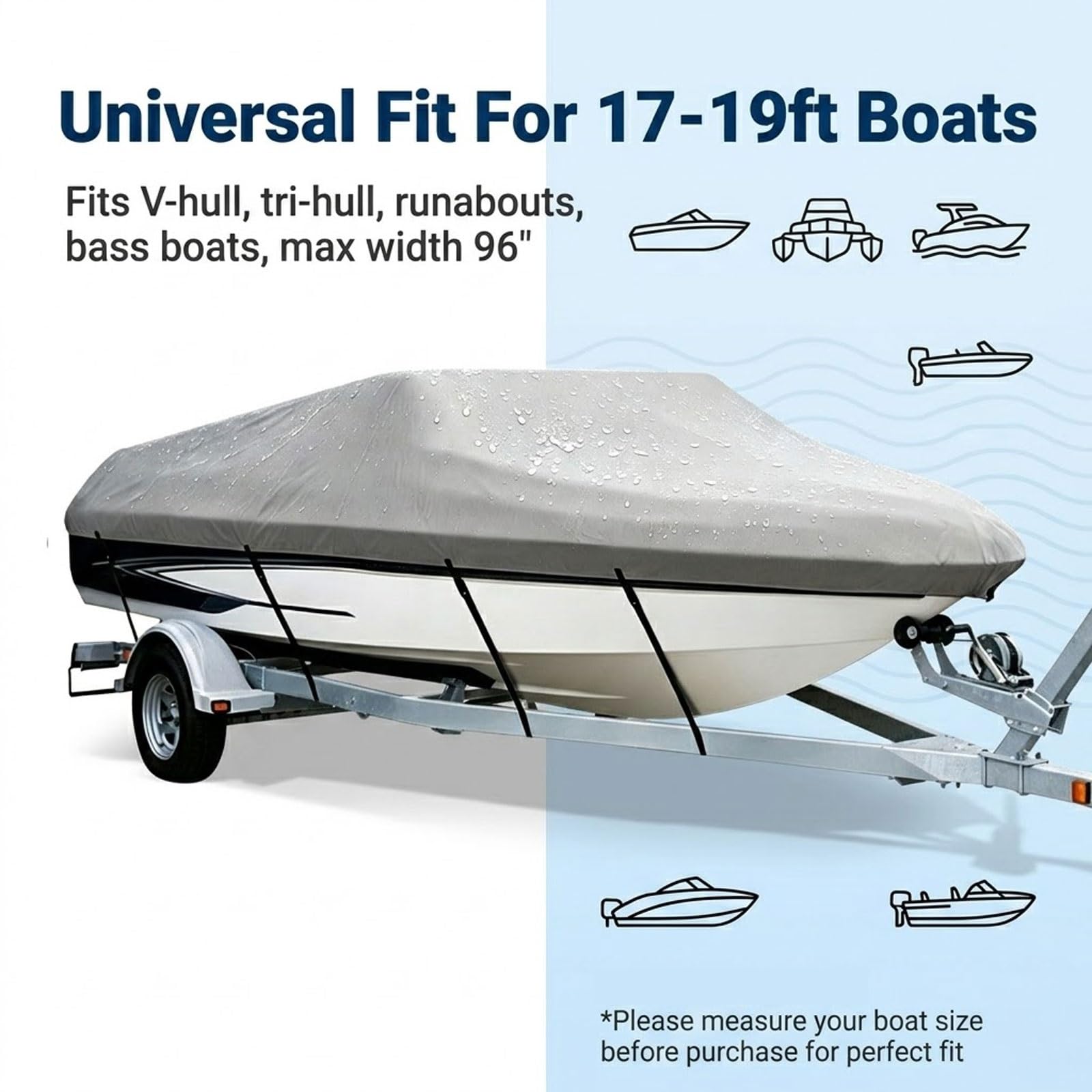Pokrowiec na łódź, wodoodporny, uniwersalny krój, z paskami osłonowymi silnika, wytrzymały 210D Marine PU Oxford, osłona UV do łodzi wędkarskiej V-Hull Runabout Bass (czarny, 50–50 m)