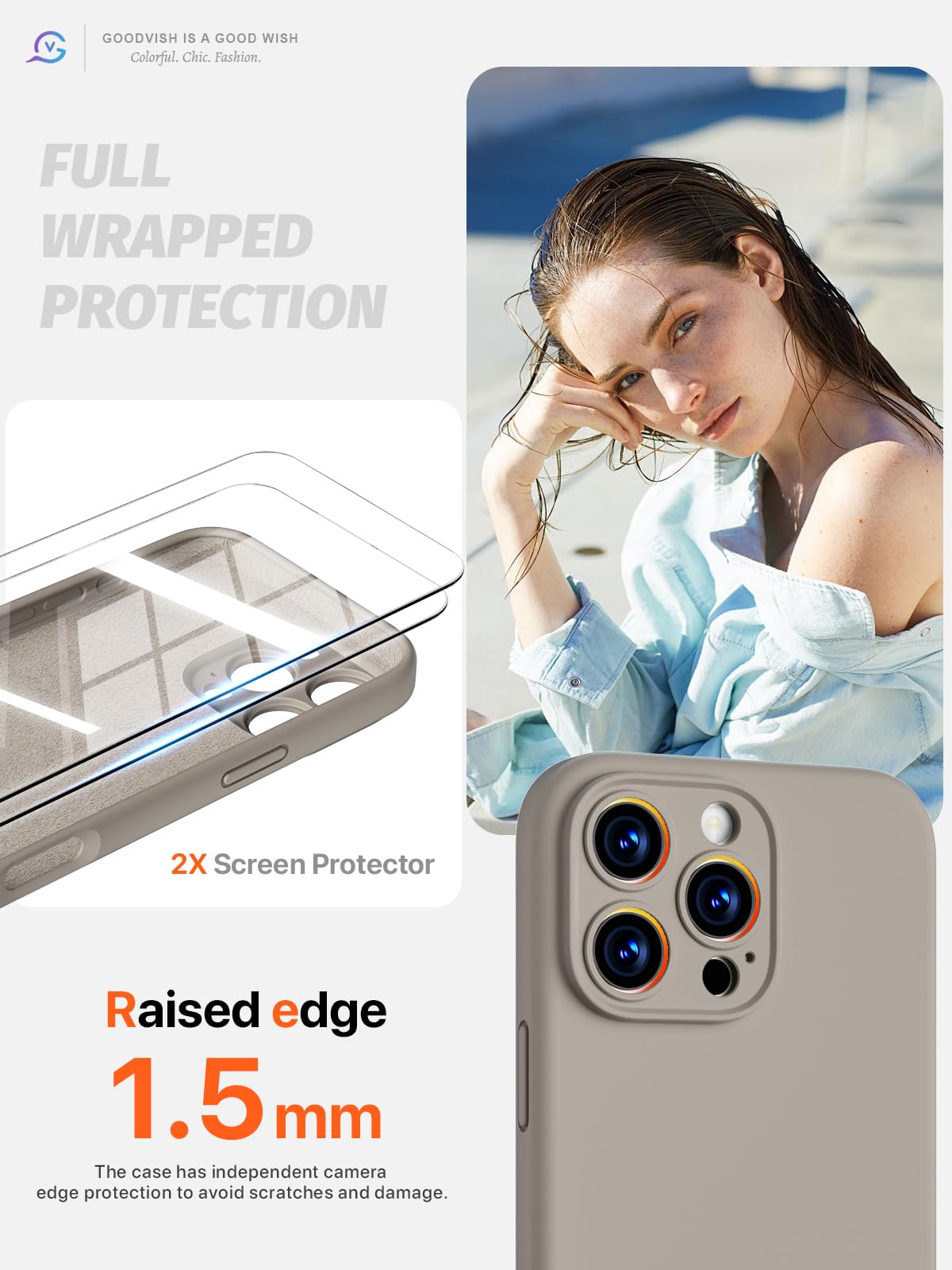 GOODVISH 3 in 1 Silicone Cover per iPhone 16 Pro Max 6.9", Custodia con 2 Pellicola Vetro Temperato [Protezione Fotocamera] 360° Protezione Anticaduta Case per Cellulare Antiurto Resistente, Grigio