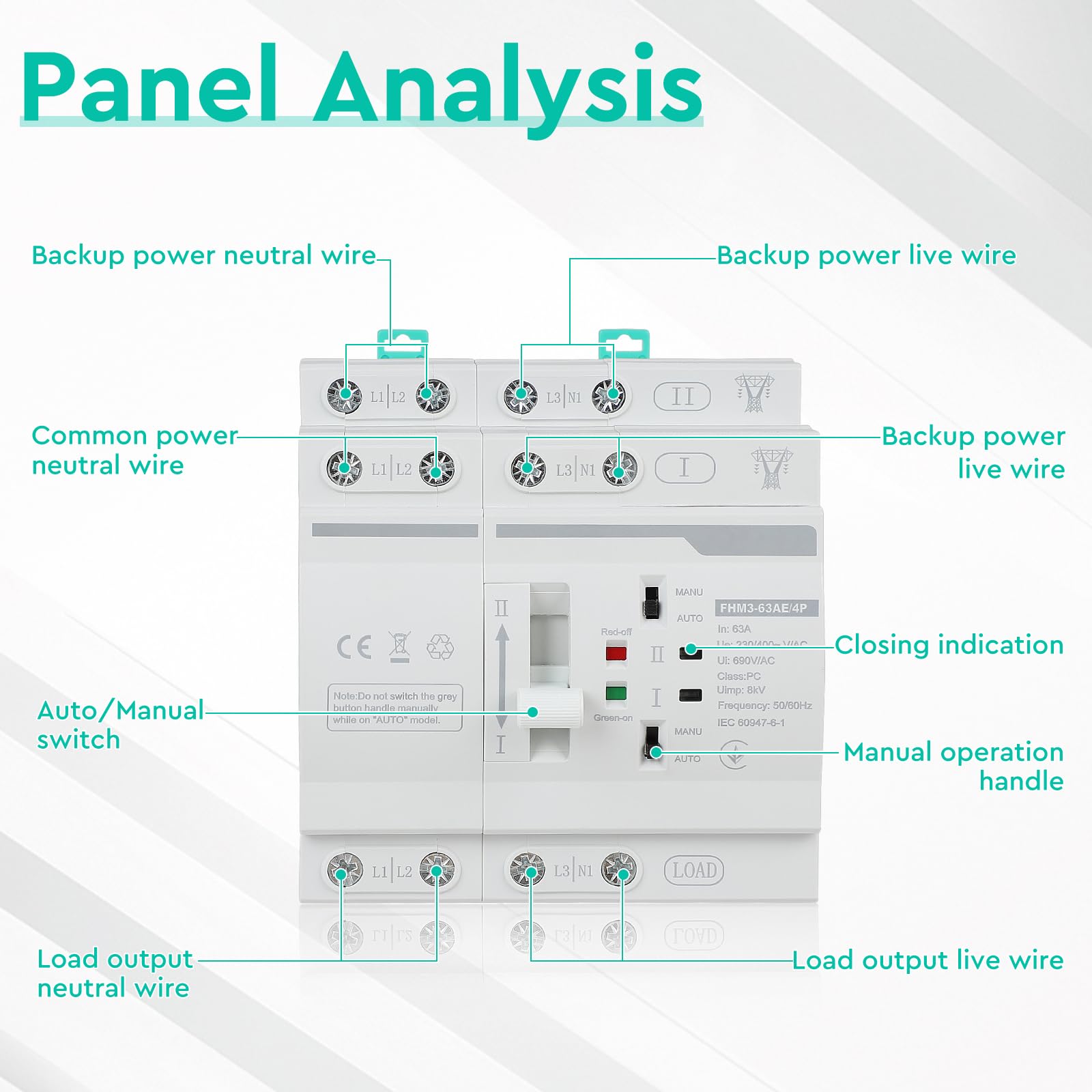 CPROSP Automatischer Transferschalter DIN 220V 63A 4P, Notstromschalter Transferschalter/Lastumschalter 4polig, Dual Netzteil DIN-Schienen-Umschalter