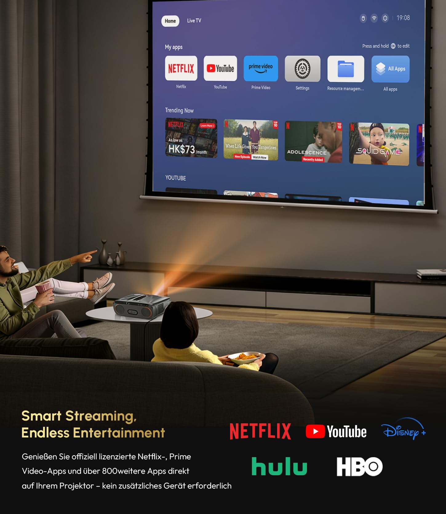 Proiettore 4K per luce diurna [Netflix] 2400 ANSI Lumen, HDR10+, Ultra HD, HDMI eARC, Smart Home Theater con AI-PQ, Wi-Fi 6/Bluetooth 5.4, messa a fuoco automatica ToF, DD+, 64 GB, MEMC, proiettore