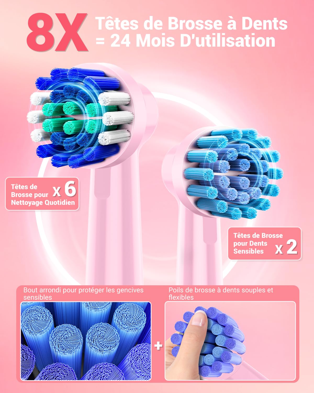 Brosse À Dent Électrique Rotatives pour Adultes - Brosses À Dents Rotatives avec 8 Têtes de Brosse et Étui de Voyage, 5 Modes, Étanche IPX7, Brosse A Dent Electrique de Voyage, Rose