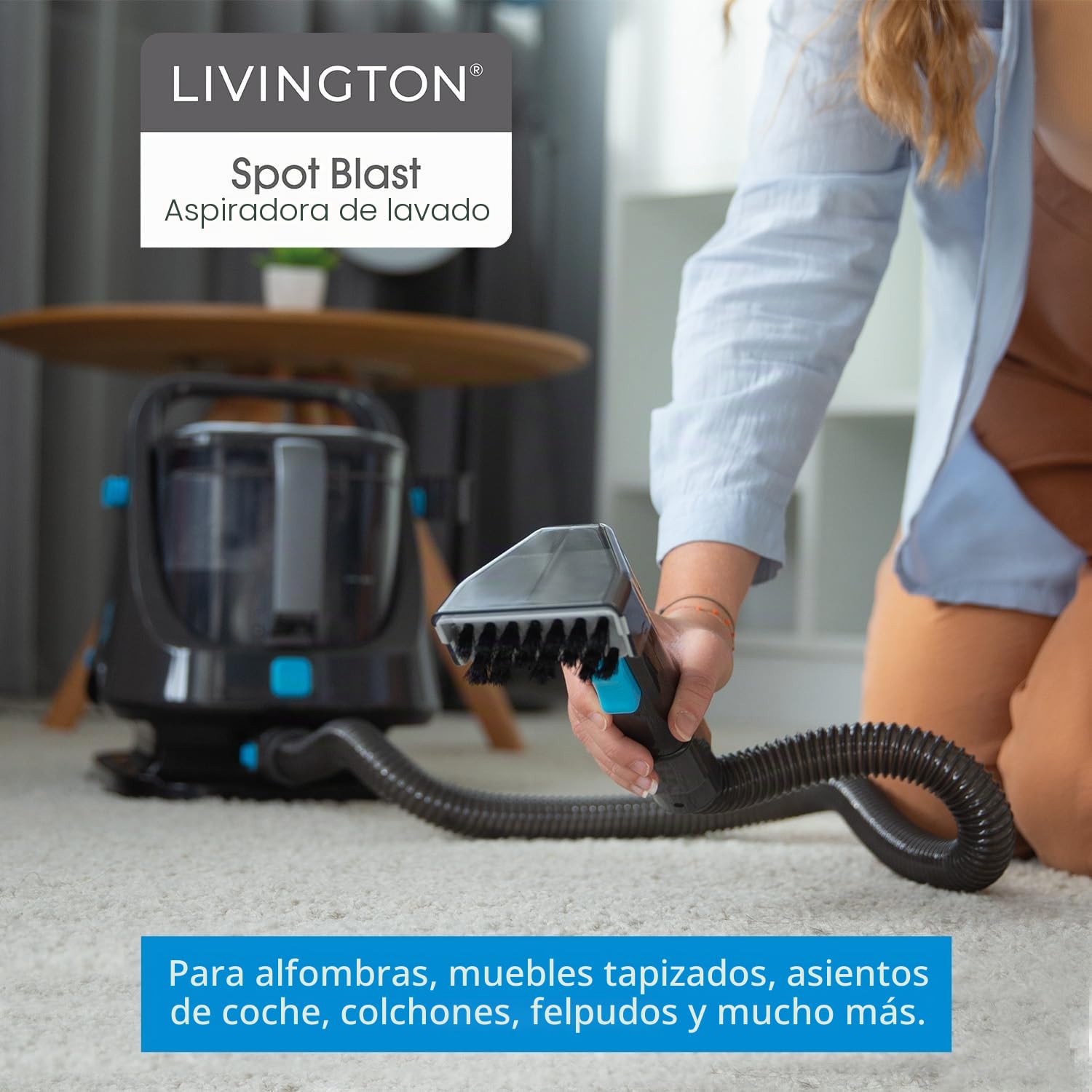 Livington SpotBlast – Aspirador de lavado – Limpiador de manchas para alfombras, sofás, tapicería y coche – Limpiador de tapicería con cepillo 3 en 1 – Limpiador de alfombras