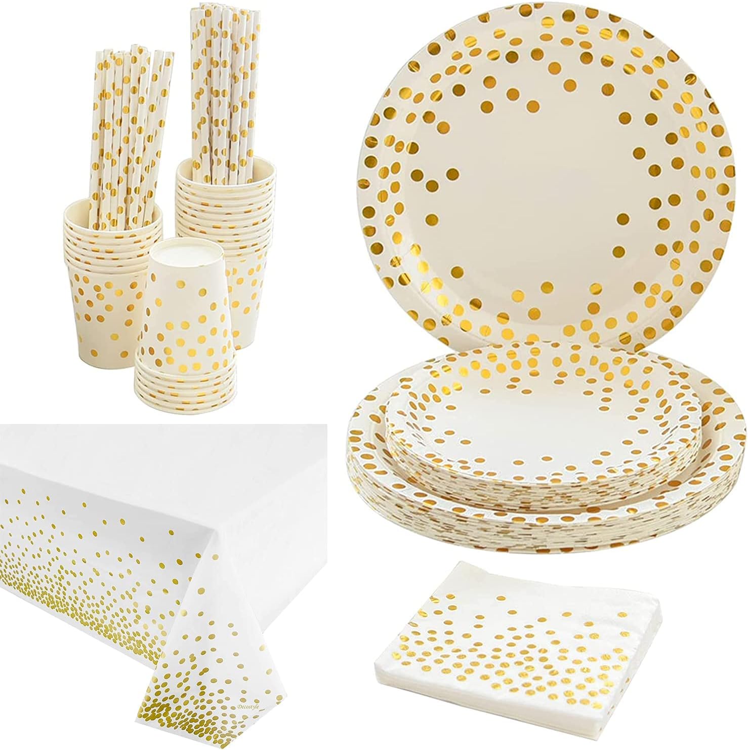 25 Guests Black and Gold Party Supplies, Disposable Tableware Set Include Paper Plates , Napkin, Paper Straws and Party Tablecloth (White)