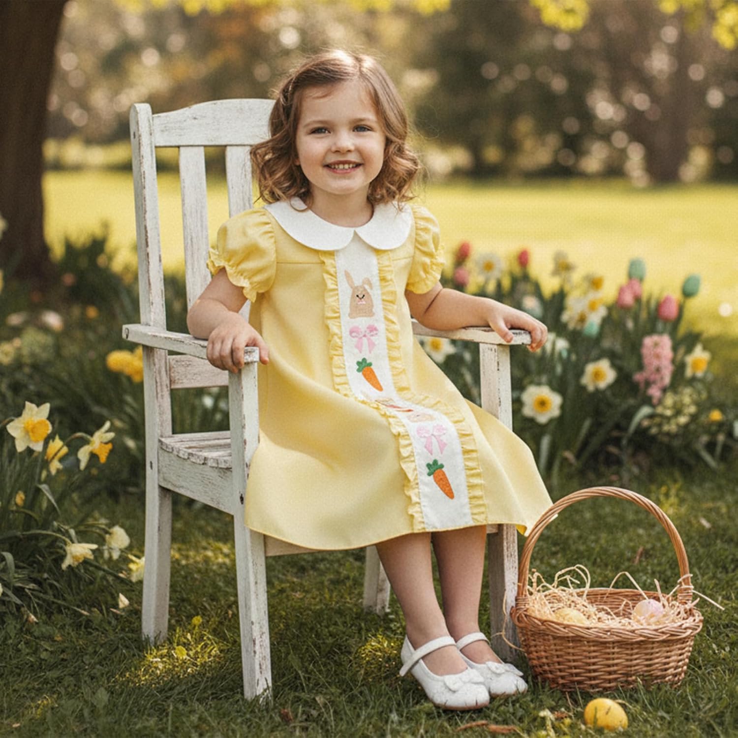 Toddler Girl Easter Outfit Bunny Carrot Bow Embroidery Short Puff Sleeve Peter Pan Collar Dress Kids Spring Clothes - Image 2