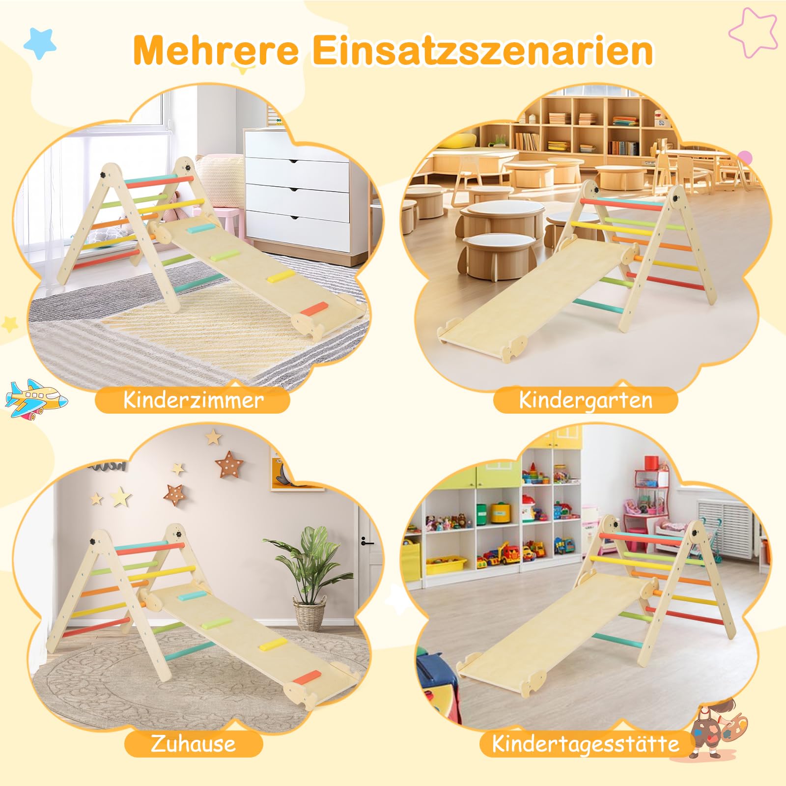 COSTWAY Kletterdreieck mit Rutsche, Sprossendreieck Holz klappbar & höhenverstellbar, inkl. doppelseitige Rampe, zum Klettern & Rutschen, Klettergerüst Indoor ab 1 Jahr (Bunt)
