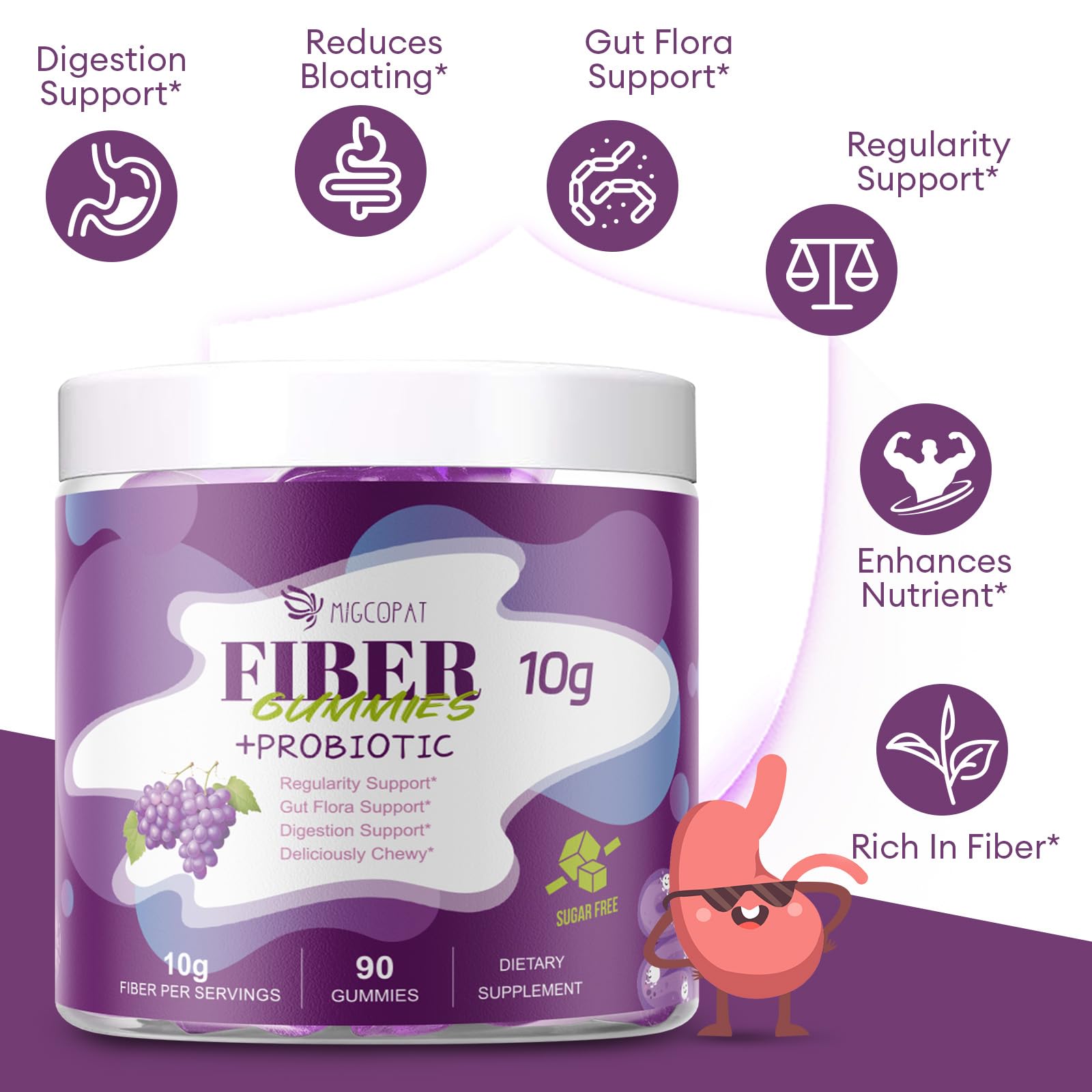 Migcopat 10G Fiber Gummies for Adults, No Sugar Added Grape Flavor, Fiber Supplement with 30 Billion CFU Probiotics Blend, ACV, Vitamin C, Inulin, Support Digestive Health, 90 Count — Amazon image 4