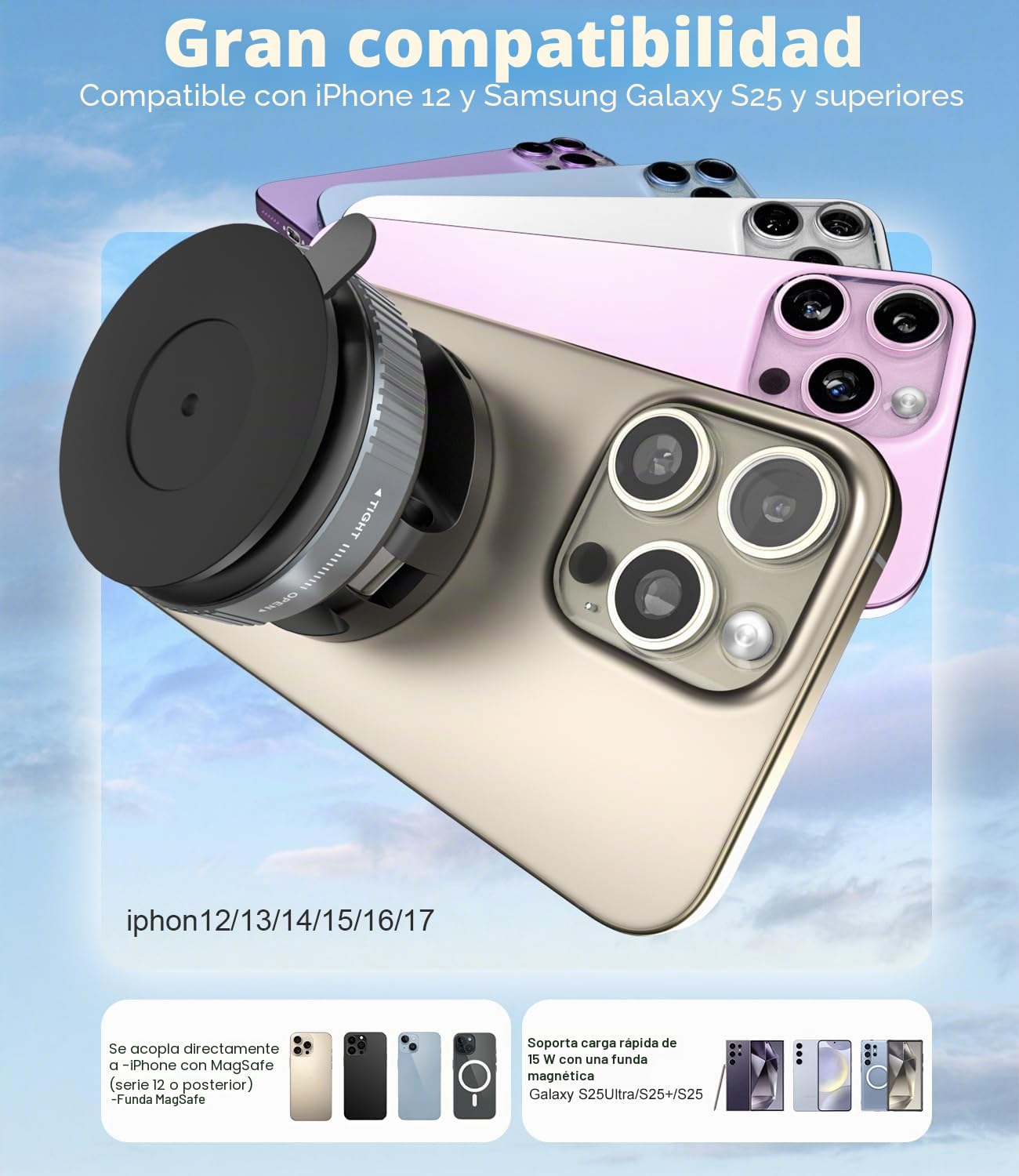 CloudValley Cargador Inalámbrico para Coche 15W con Soporte Magnético, Base de Gel para Superficies Rugosas, Ajuste de 360°, Compatible con Magsafe iPhone 17 16 15 14 13 12 Pro MAX