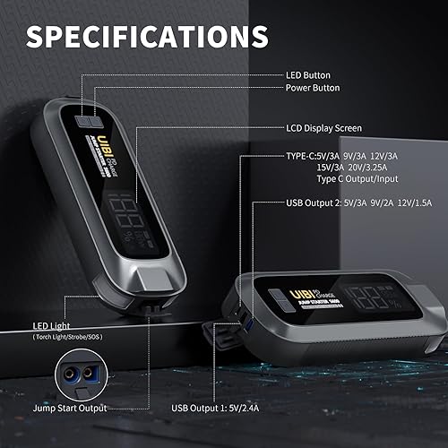 Miniatura 8 de UIBI Arrancador de batería de coche S600, batería de coche de 5000 A, caja de salto portátil de batería de litio de 12 V (todo a gas10.0L diesel)