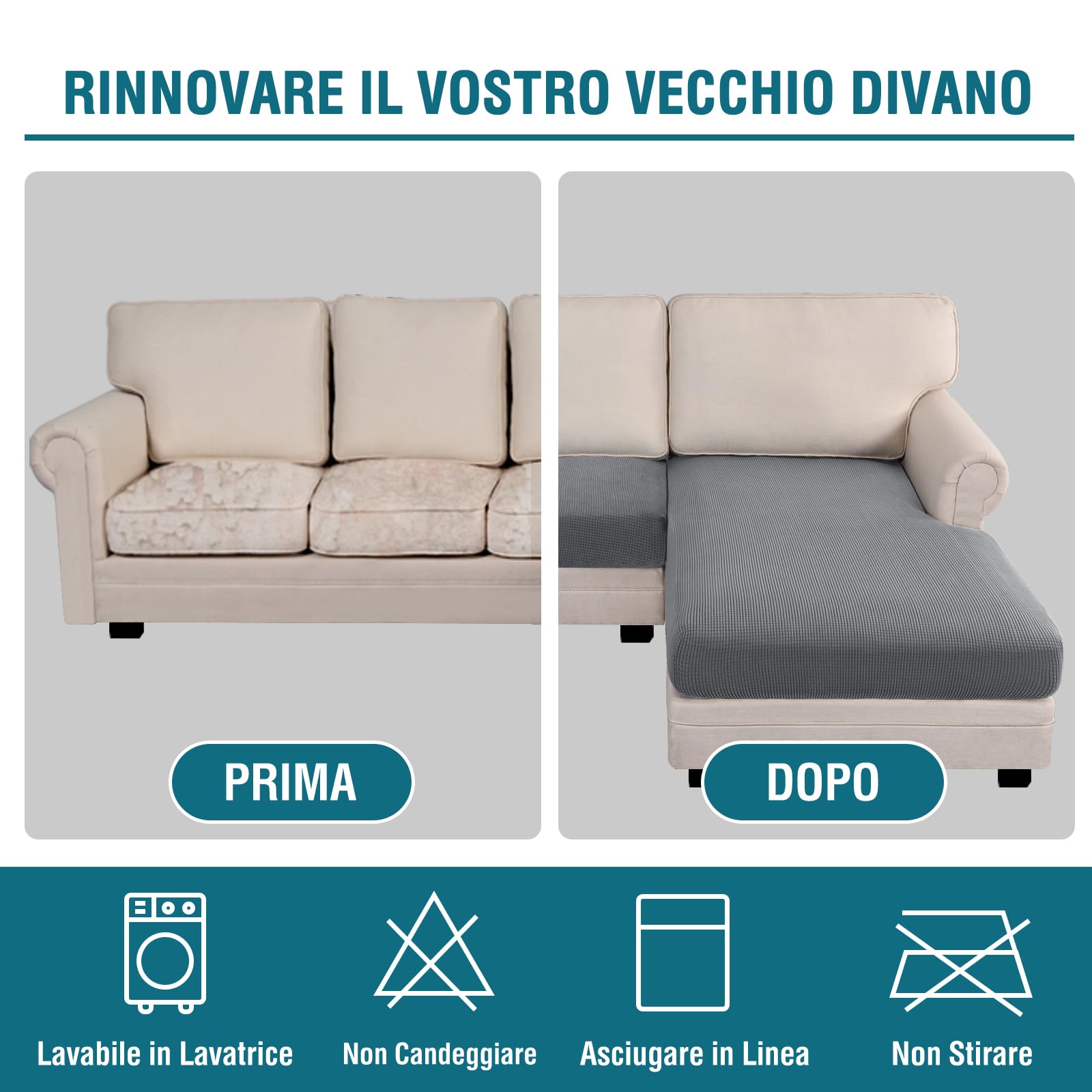 BellaHills Elasticizzato Copridivano 3 Posti Con Penisola, Copriseduta Divano, Copricuscino Divano, Soft Copri Cuscino Divano, Copri Seduta Per Divano (3 Posto + Chaiselongue, Grigio Chiaro)