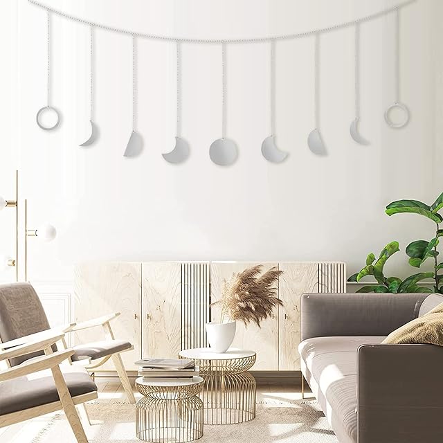 NiCoLa Moon Hanging Wall Decor Silver Moon Garland Wall Hanging, Boho Moon Phases Wall Hanging with Chains, Moon Wall Decor for Home Bedroom Living Room Nursery