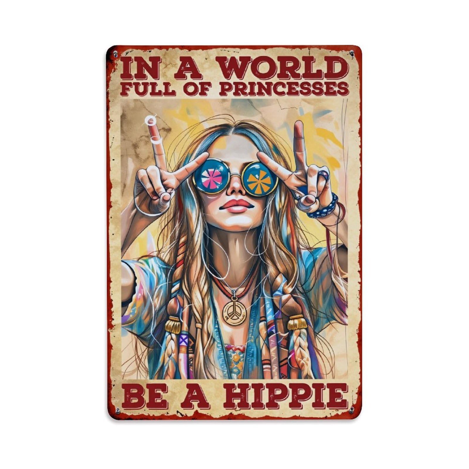 Enderetf Girls Vintage Peace Sign Hippie Colorful Hair Tin Sign Metal Poster, Home Bar Garage Man Cave Cafe Indoor & Outdoor Wall Decoration 8X12inches