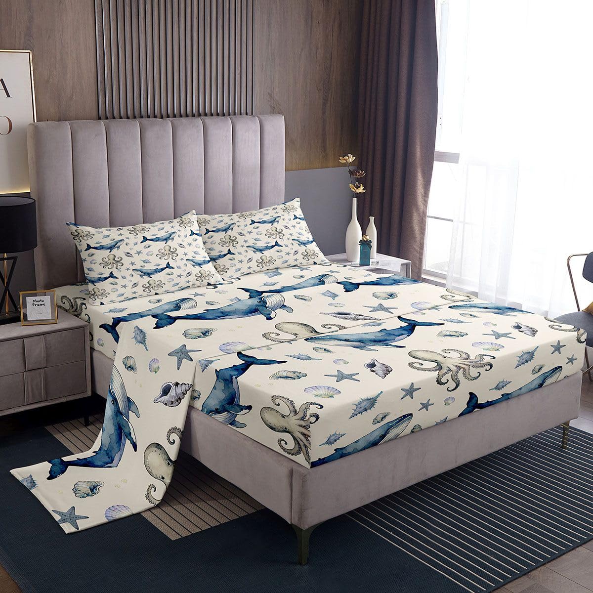 Octopus Whale 3 Pieces Sheet With 16 Inch Deep Pockets Sealife Sea Animal Bedding for Kids Boys Girls Teens Room Decor Ocean Fish Bed Sheets Set Twin Size Underwater Breathable Soft Microfiber