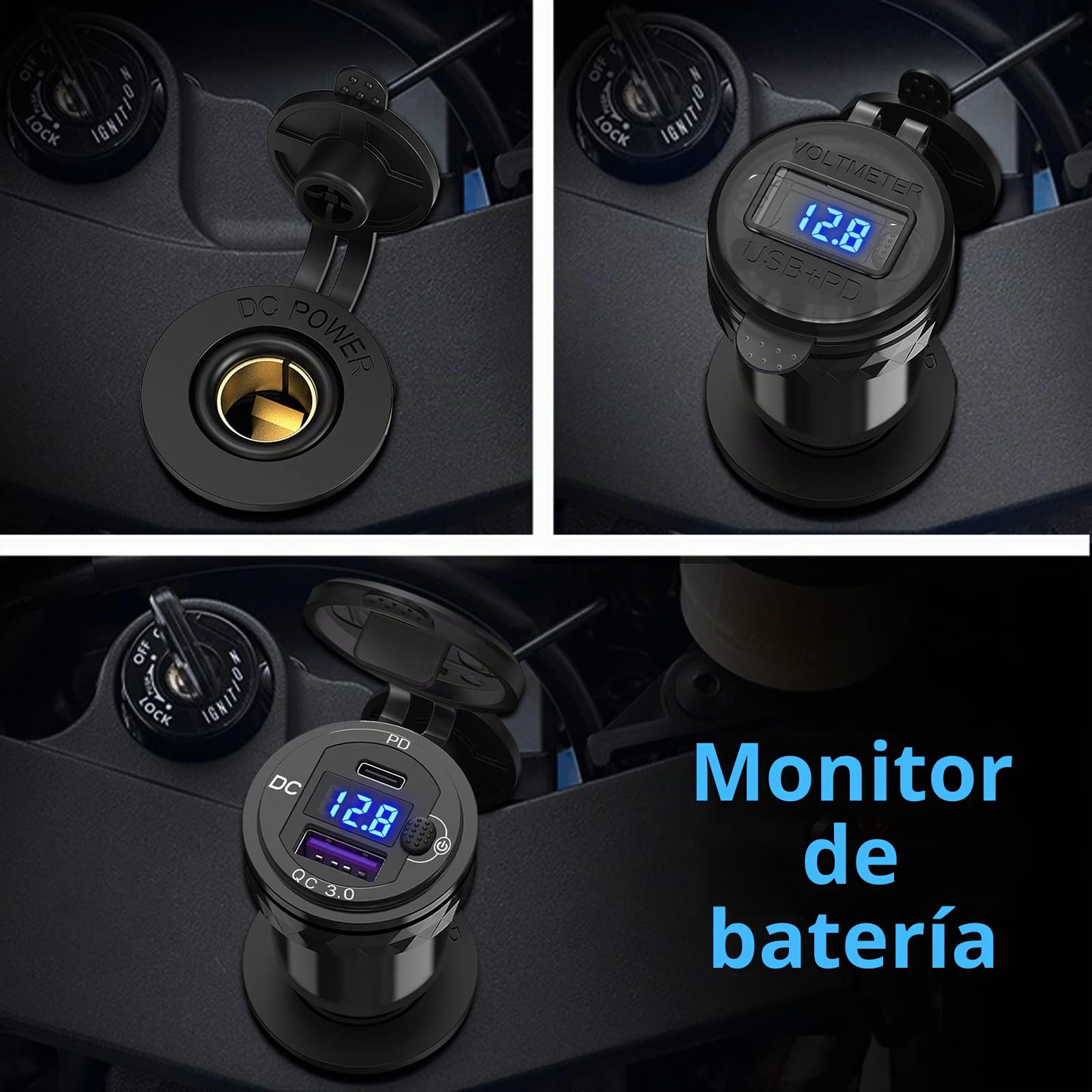 Qidoe Adaptador de Cargador USB Moto DIN: Enchufe USB Hella de Aluminio PD y QC3.0 con Pantalla LED Voltaje e Interruptor para 12V-24V Motocicletas Ducati, Triumph, BMW y Otras Motos Estilo Europeo