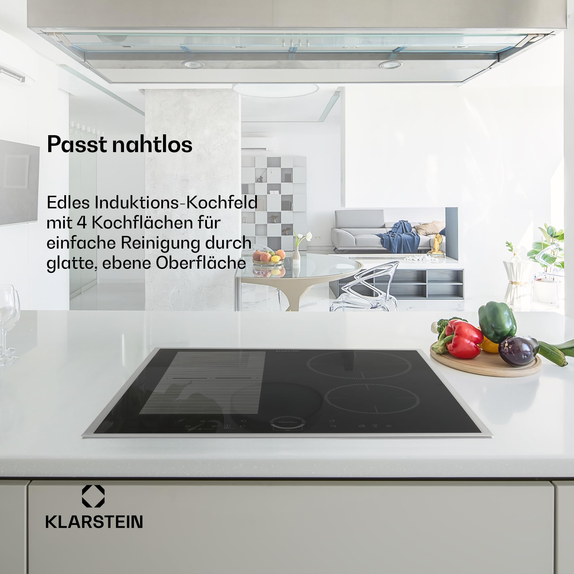 Klarstein Induktionskochfeld - Glaskeramik Einbau-Kochfeld Mit 4 Platten, Touch-Display, Digitalanzeige, Timer-Funktion, Schnelles Aufheizen - 7000 Watt