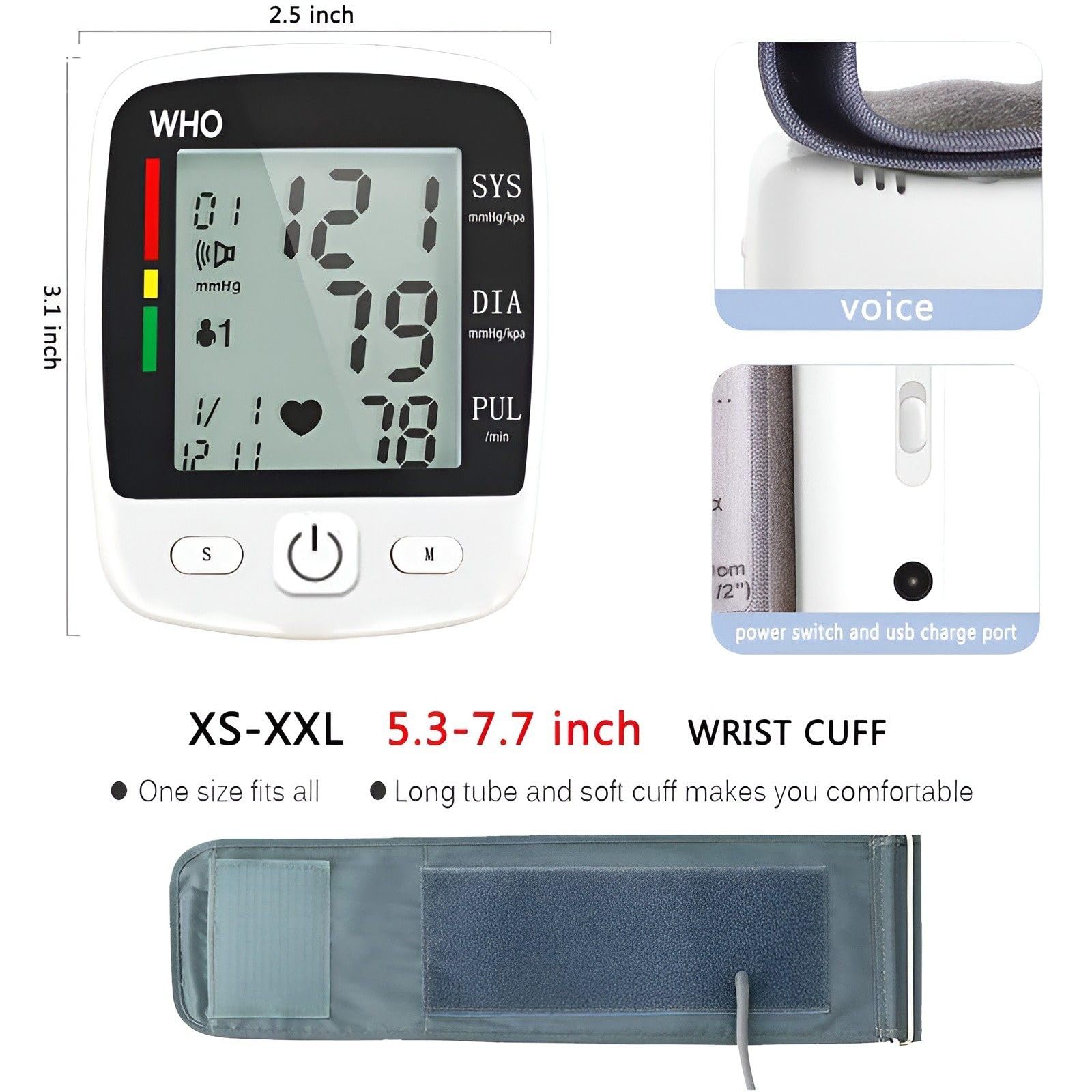 Tensiómetro Digital de Muñeca Profesional - Esfigmomanómetro Electrónico con Pantalla LCD Grande, Memoria Dual (2x90), Lectura por Voz y Batería Recargable