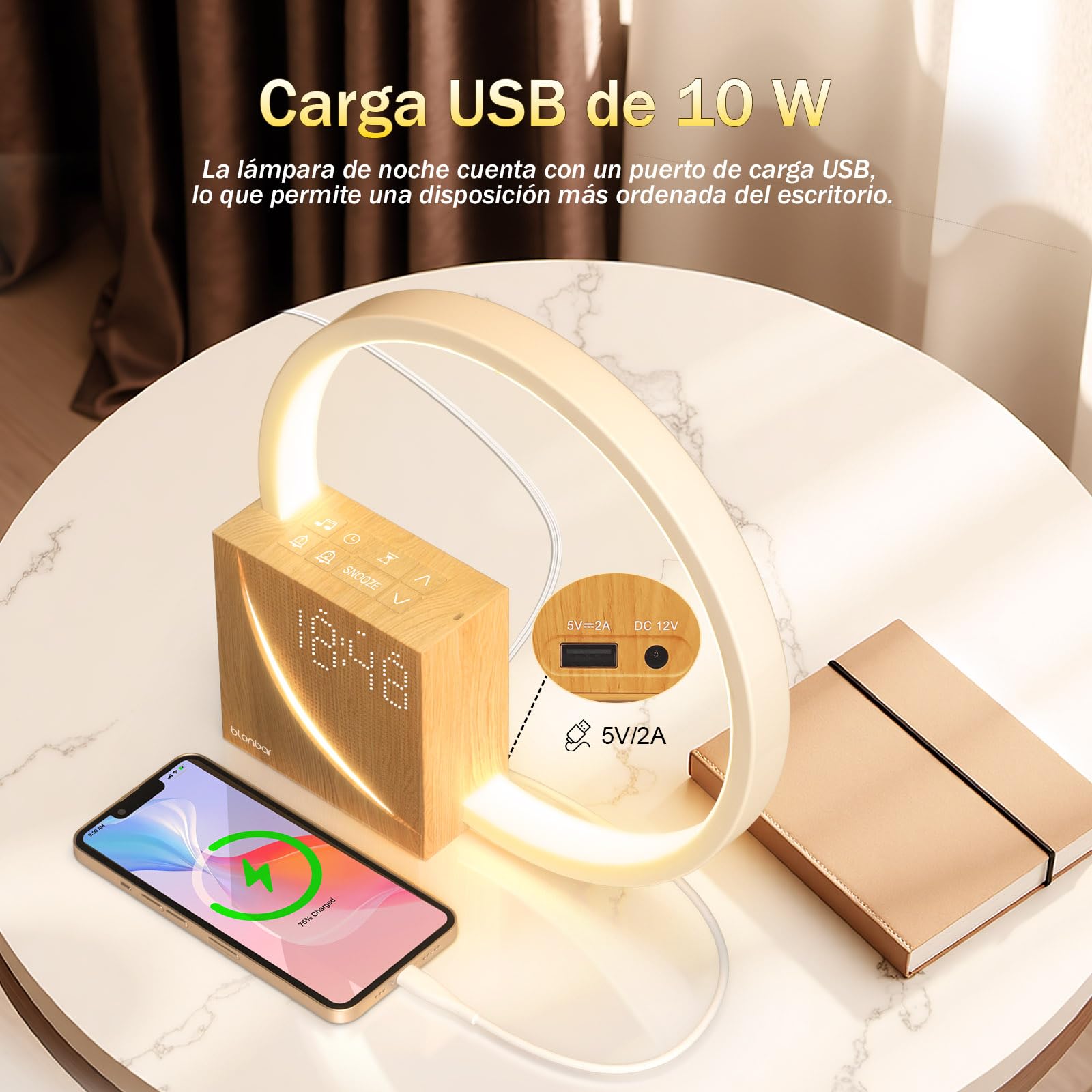 blonbar Despertador de Luz Natural de Cabecera 10W con Carga USB, Luz Nocturna Táctil de 3 Niveles de Brillo, Ayuda para el descanso de adultos y bebés