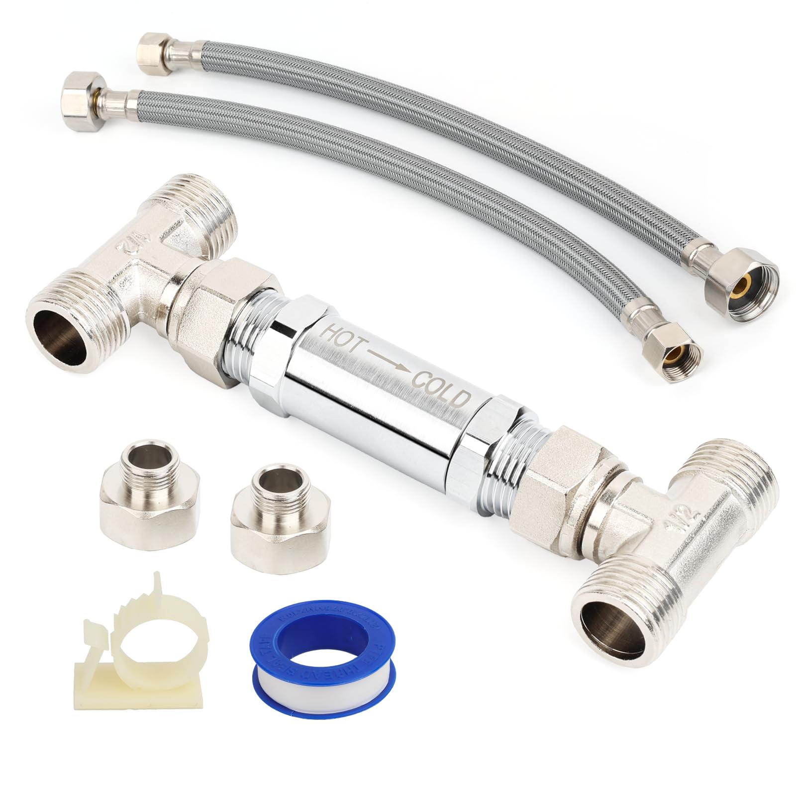 Kit de válvula de sensor Frutlait 304 de acero inoxidable que corrige los falsos arranques de la mezcla de agua caliente y fría en sistemas de recirculación. Reemplaza 367010 595926 WP596816 con 2 mangueras de 12 pulgadas. Válvula de derivación.