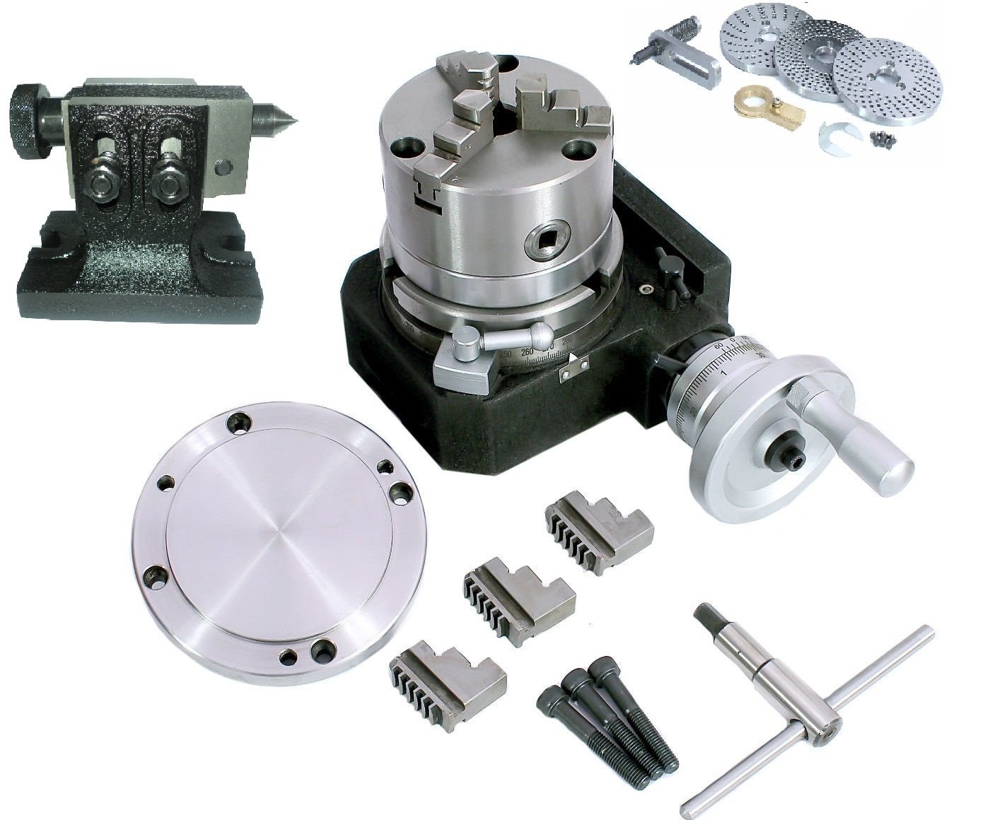 HV4 (110 mm) Mesa giratoria + 100 mm 3 mandíbulas Chuck con mandíbulas reversibles + placa trasera + placa divisora + Tailstock – Kit completo de indexación fresadora