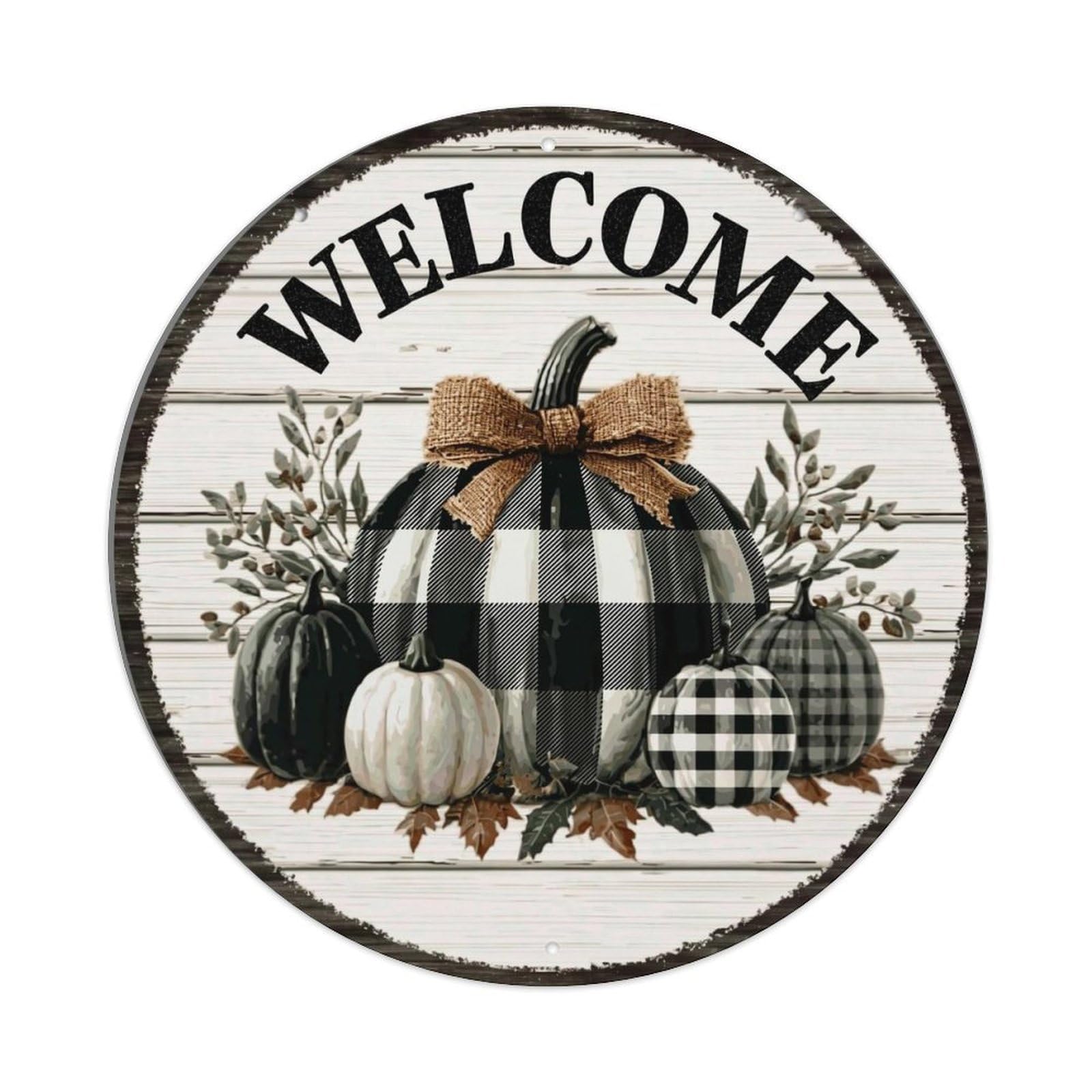 Welcome Pumpkin Plaid Autumn Leaves Retro Metal Sign Round Tin Sign, Vintage Decor Art Poster for Bar, Home, Man Cave, Kitchen, Laundry Room Gift 8x8Inch