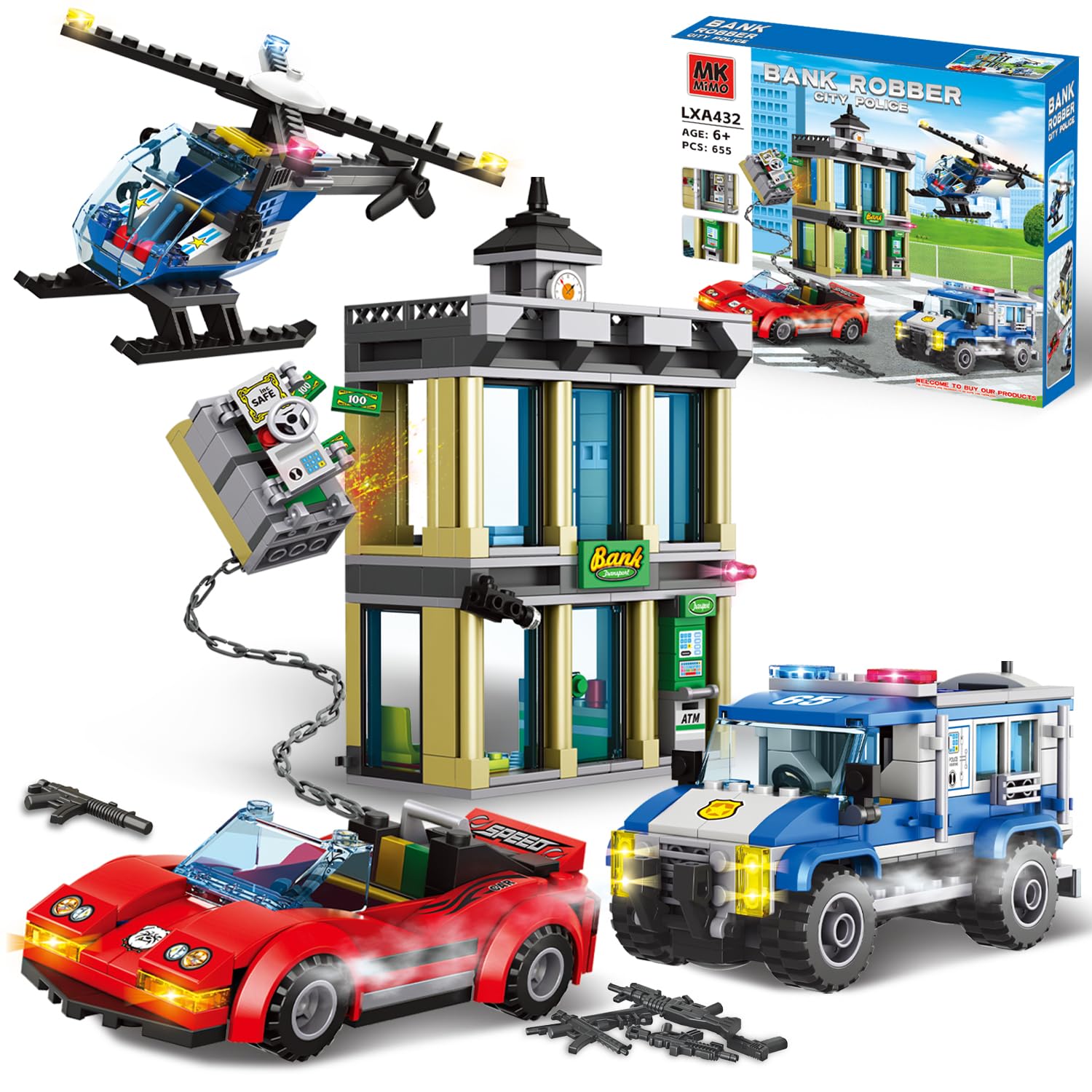 City Police Bank Building Sets, Compatible with Lego Police Bank, Includes Car, Bank, Helicopter, Police Chase Building Blocks Toy Set Gift for Kids 6 Plus Years Old(655 PCS)