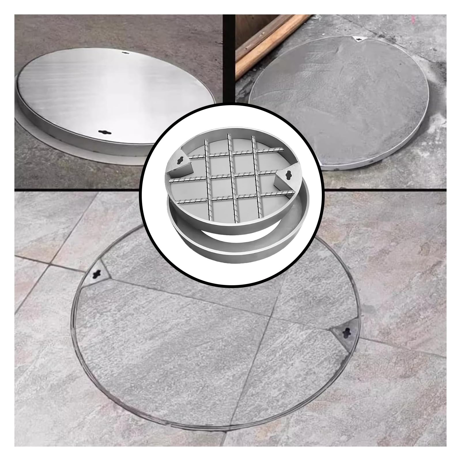 Couvercle de trou d'homme et cadre en acier inoxydable, couvercle de vidange durable pour garage, cour, allée, parking – Couvercle de pompe de puisard invisible, 40 cm de diamètre