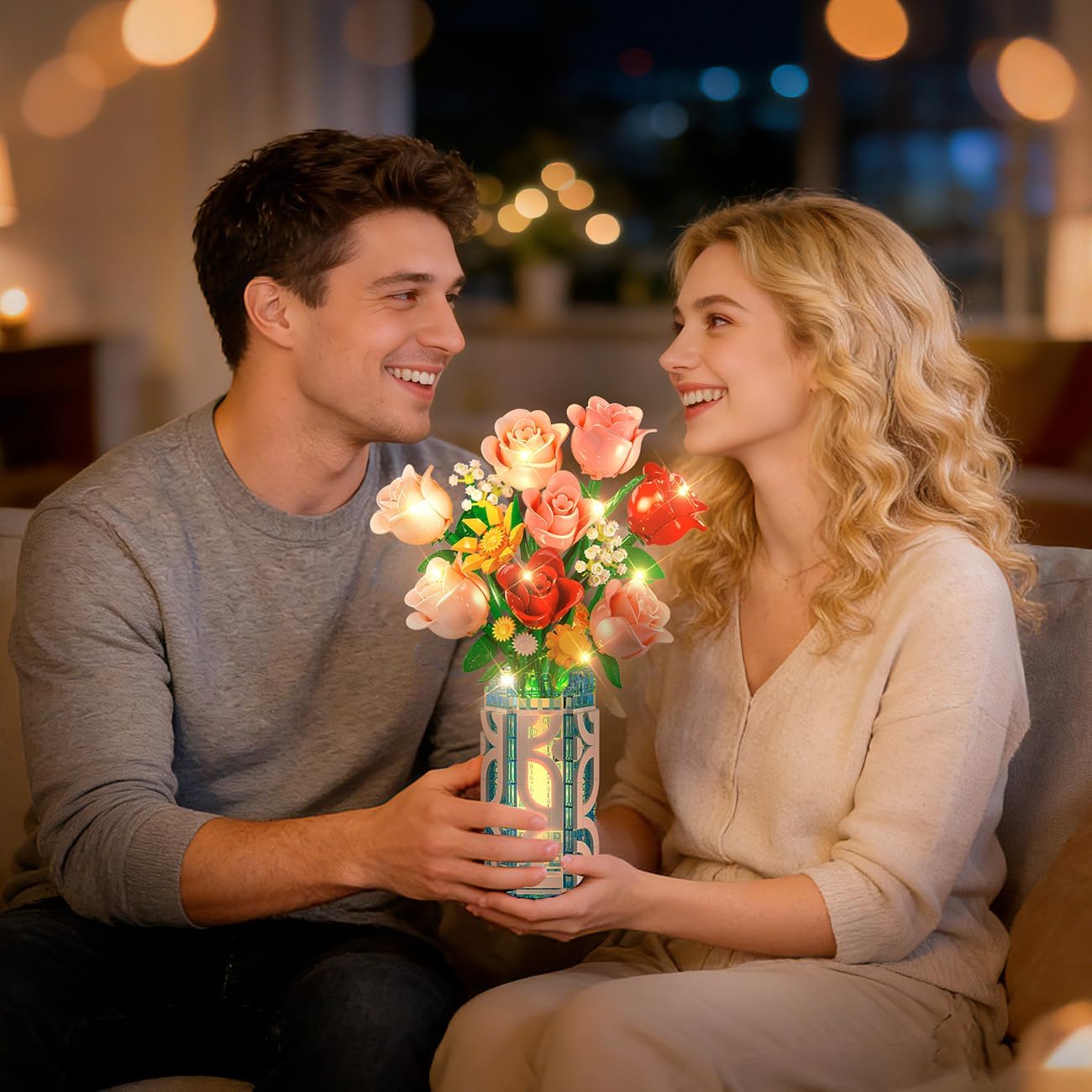 14 Flowers Bouquet Building Set with Vase and LED Light, Valentine‘s Day Gifts for Her, 747 PCS Mini Roses Flower Botanical Building Blocks Toy, Artificial Roses Flowers Home Decor & Display - Image 5