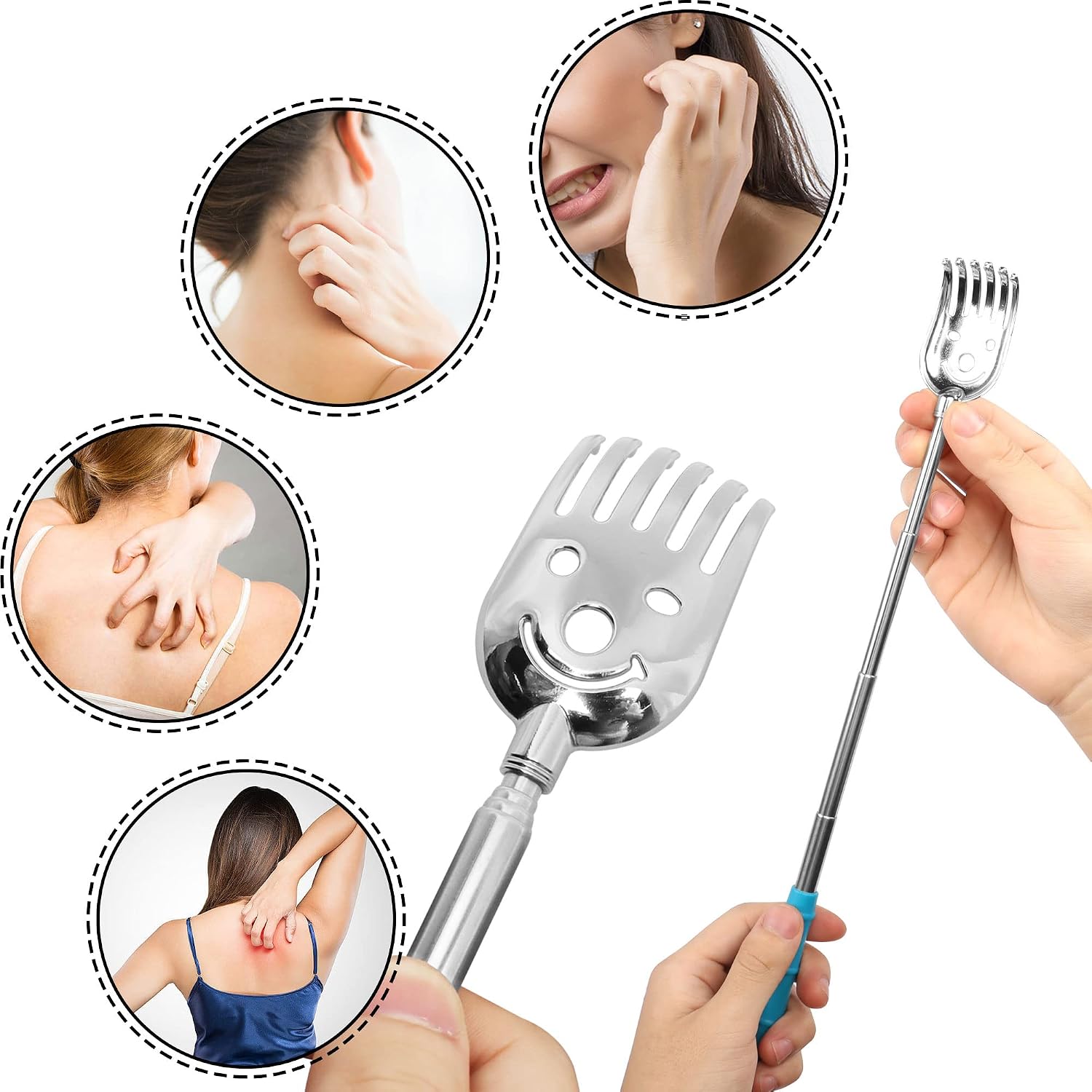 CERRXIAN 5 Pack Telescoping Back Scratcher, Portable Extendable Back Scratcher, Telescoping Metal Back Scratchers/Hand Massager with Soft Rubber Handles for Adults, Kids,Dogs