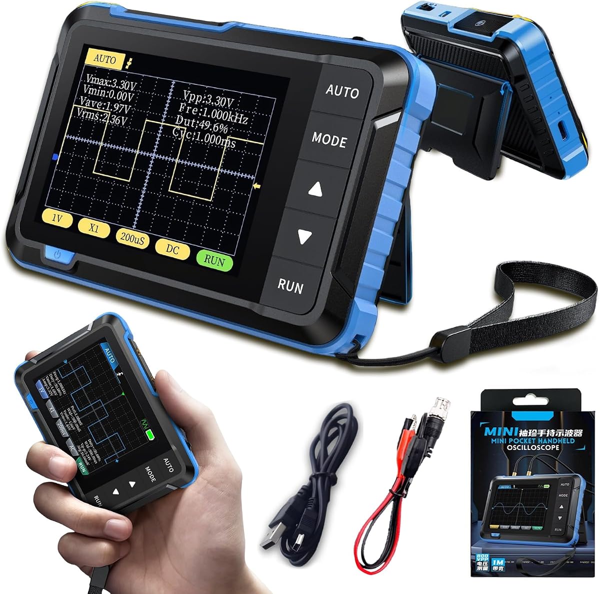 Osciloscopio portátil 2 en 1 DSO153, osciloscopio digital de 5 MSa/s/generador de señal con cordón y soporte plegable, ancho de banda de 1 MHz, pantalla de 2,8 pulgadas, ajuste automático/normal/único (modelo estándar)
