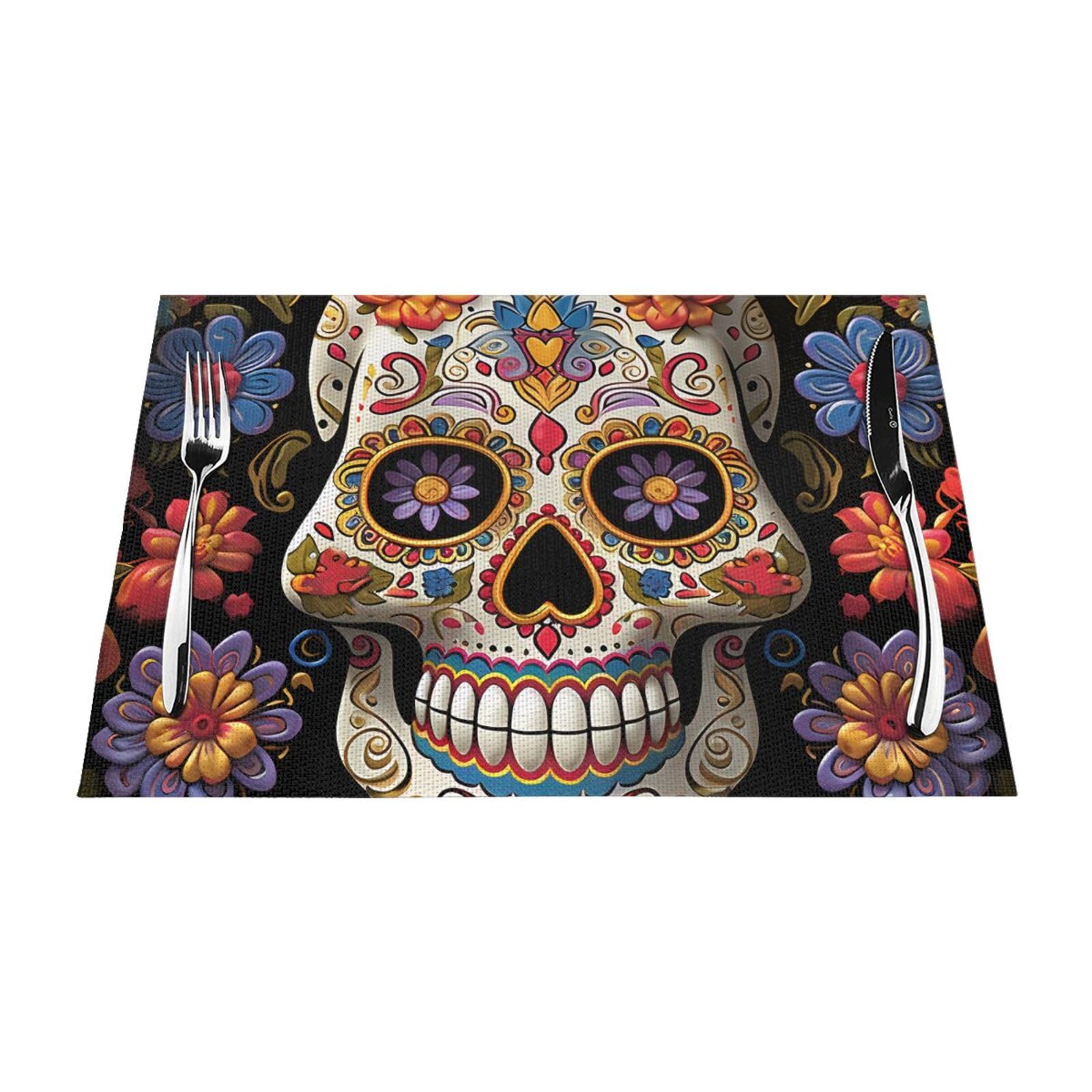 Sugar Skulls Placemats Set of 1 - Woven Vinyl Kitchen Table Placemats - Heat Resistant Non-Slip Place Mats for Dining Table, Washable Indoor Outdoor Table Mats 12x18 Inch