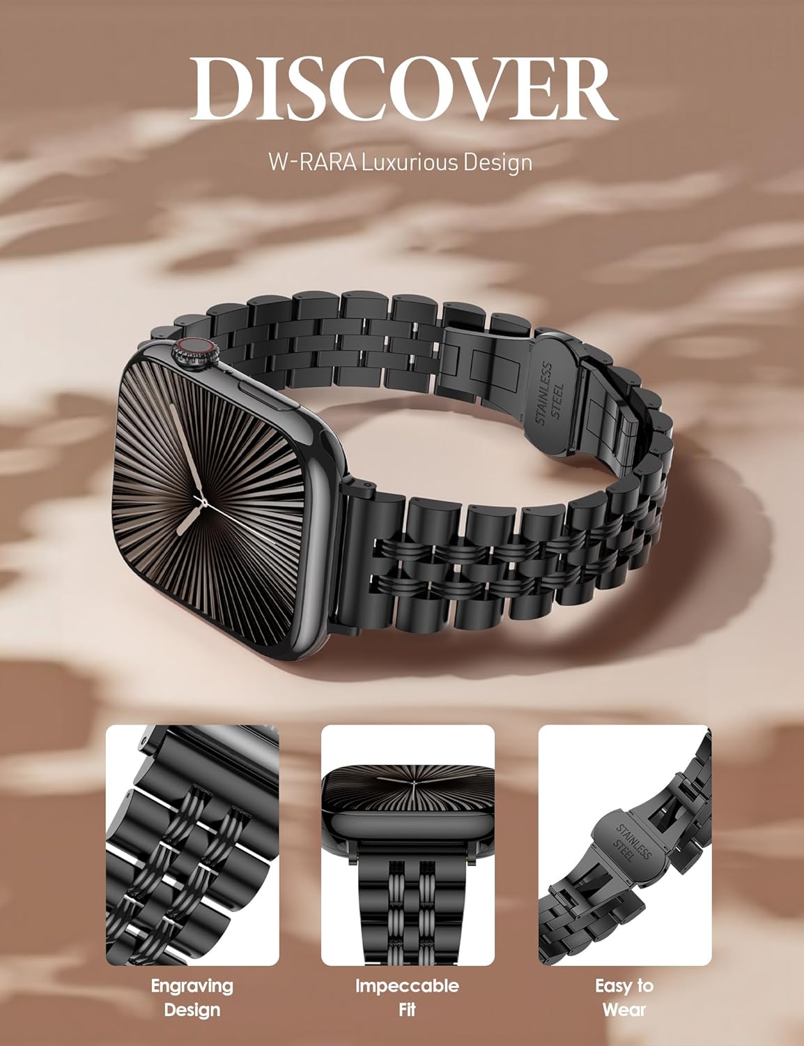 W-RARA Slim Metal Band Compatible with Apple Watch Band 38/40/41/42/44/45/46/49mm, Dressy Elegant Luxury Stainless Steel Engraved Classy Strap for iWatch Bands Utra SE Series 11 10 9 8 7 6 5 4 3 2 1