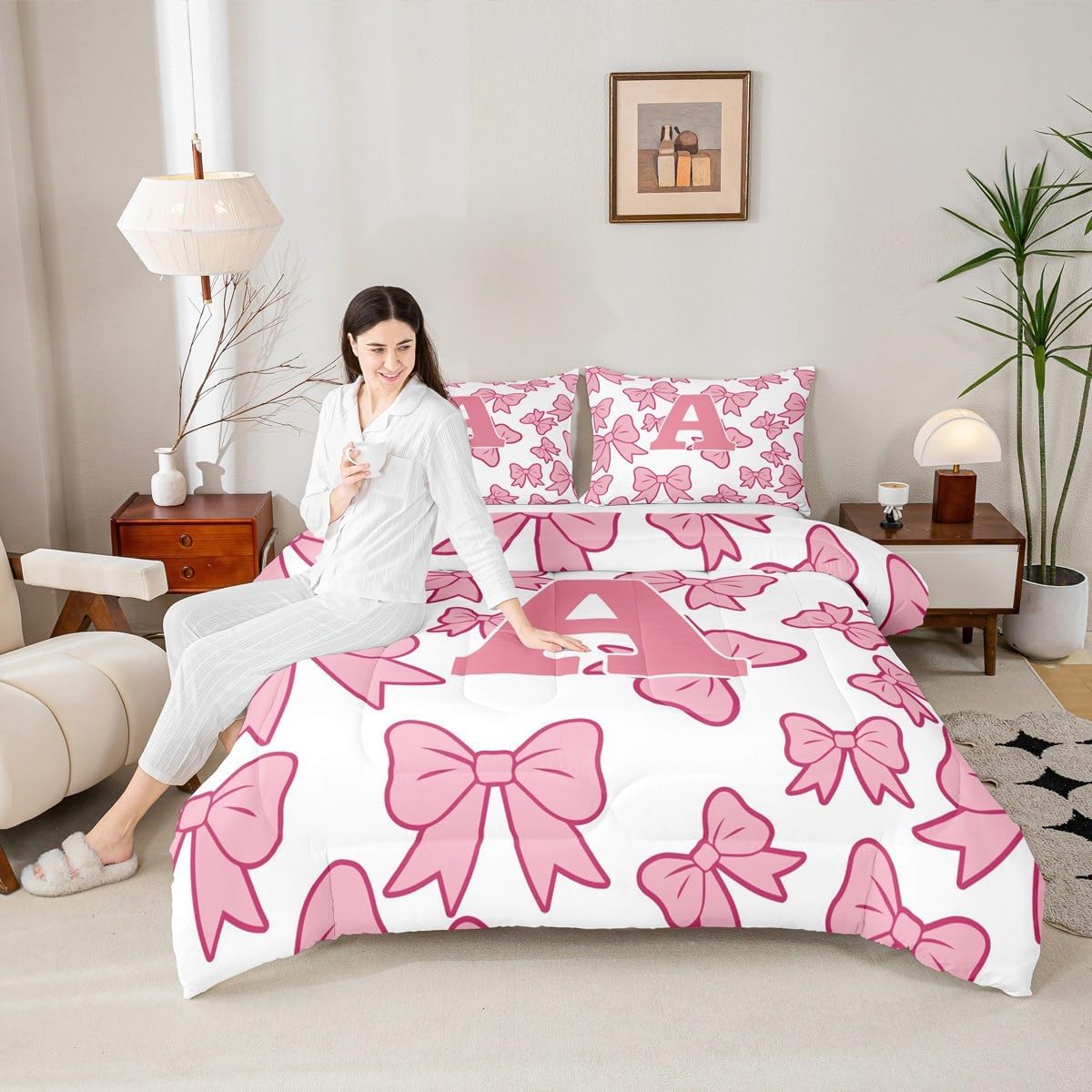 jejeloiu Girls Kawaii Bow Bedding Set Soft for Boys Girls, Letter A Comforter Set Full Size Coquette Bows Duvet Quilt Microfiber Cute Bowknot Bedroom Decor Monogrammed 3 Pcs with 2 Pillow Cases