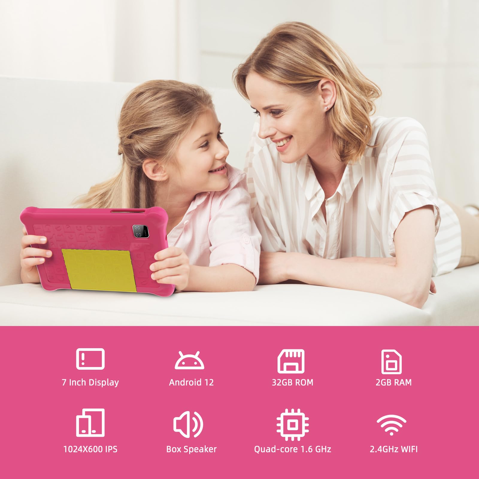 Yicty Tablet dla dzieci 7 cali, system Android z kontrolą rodzicielską i edukacją dzieci, Bluetooth, WiFi, podwójny aparat, GMS, pokrowiec odporny na wstrząsy (różowy)