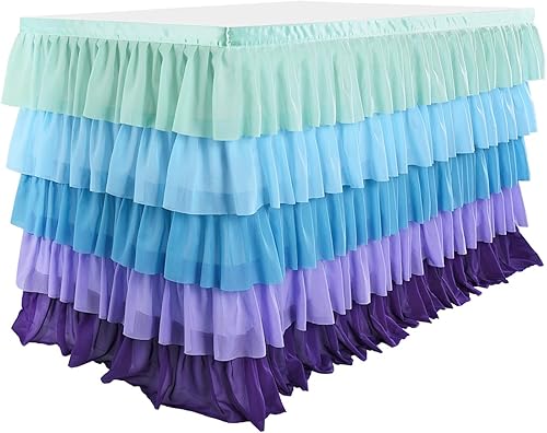 Miniatura 3 de Mantel de sirena para decoración de cumpleaños, falda de mesa tutú para mesas rectangulares, océano bajo el mar, fiesta, 9 pies