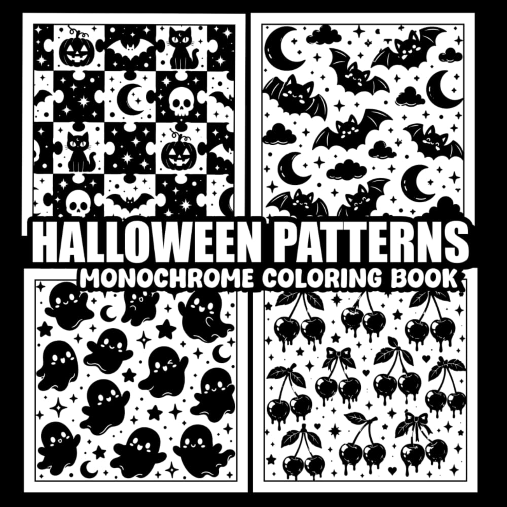 Halloween Patterns: Monochrome Coloring Book: Cute Halloween Icons, and Bold Monochrome Designs for Relaxation and Creative Fun