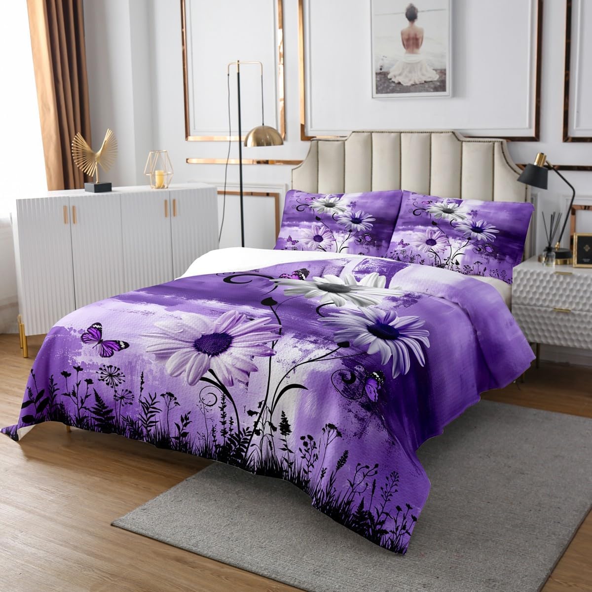 Rustic Floral Bedspread King Size for Adult Women,Farm Daisy Flowers Butterfly Country Quilt Set with 2 Pillowcases,Purple Abstract Art Graffiti Decor Bedding Quilted,Breathable