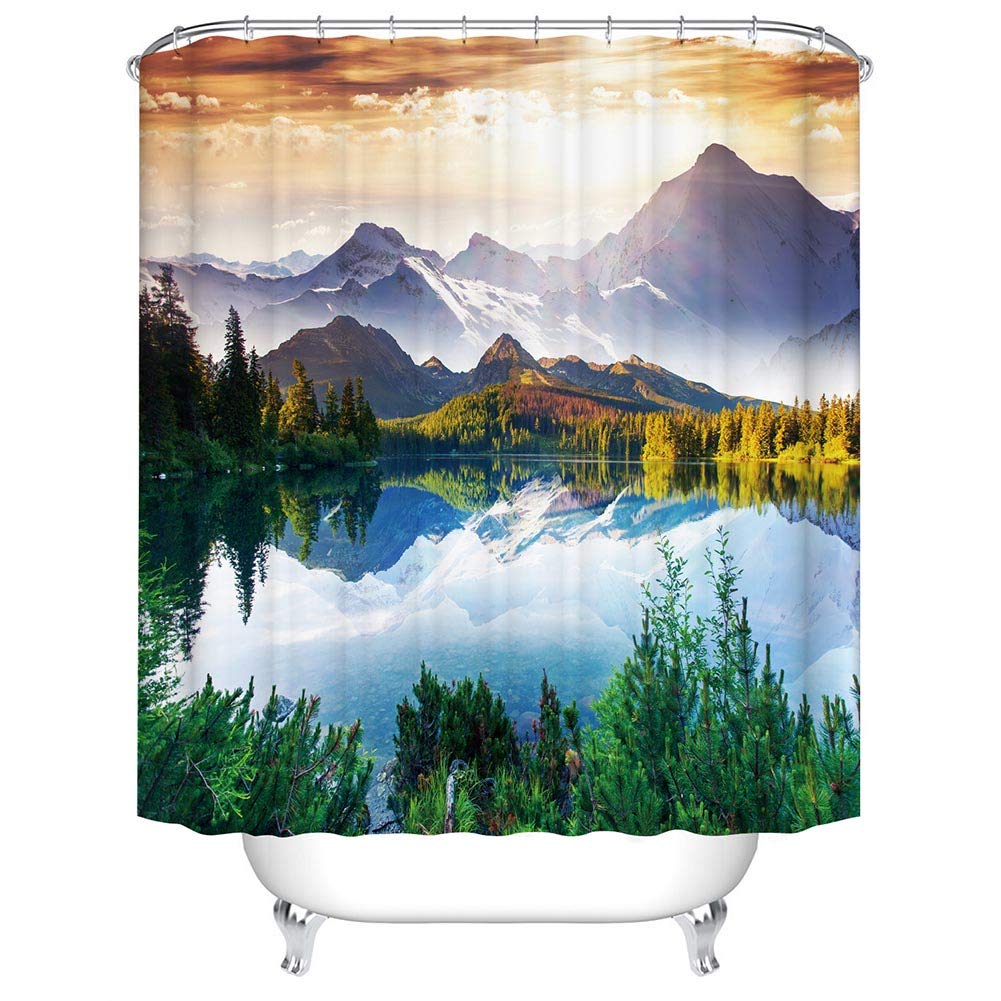BOYOUTH Scenery with Mountains and Rivers Pattern Digital Print Shower Curtains for Bathroom,Polyester Waterproof Fabric Bath Curtain with 12 Hooks,70x70 Inches,Multicolor