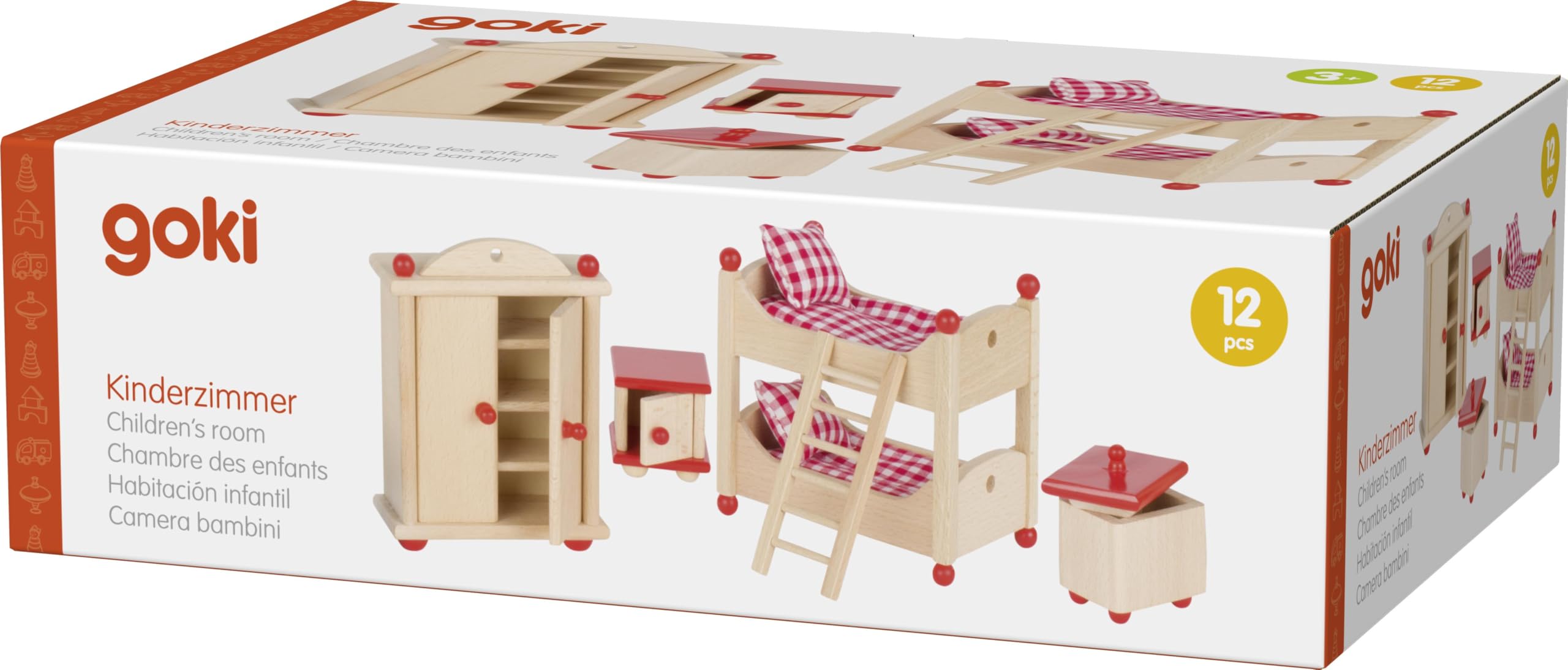 Puppenmöbel Kinderzimmer: Bett 12 x 13 cm, Buchenholz, 12 Teile, per Set