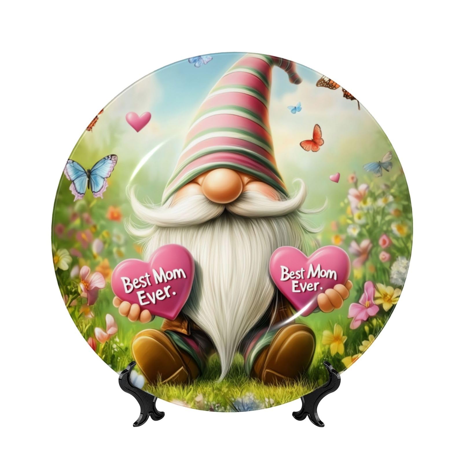 YZILDP Mother's Day Spring Gnomes Ceramic Plate with Stand,7 in,Farmhouse Decorative Plates for Wall Hanging Ceramic Craft for Kitchen Cabinets Dining Room Office Home Decor