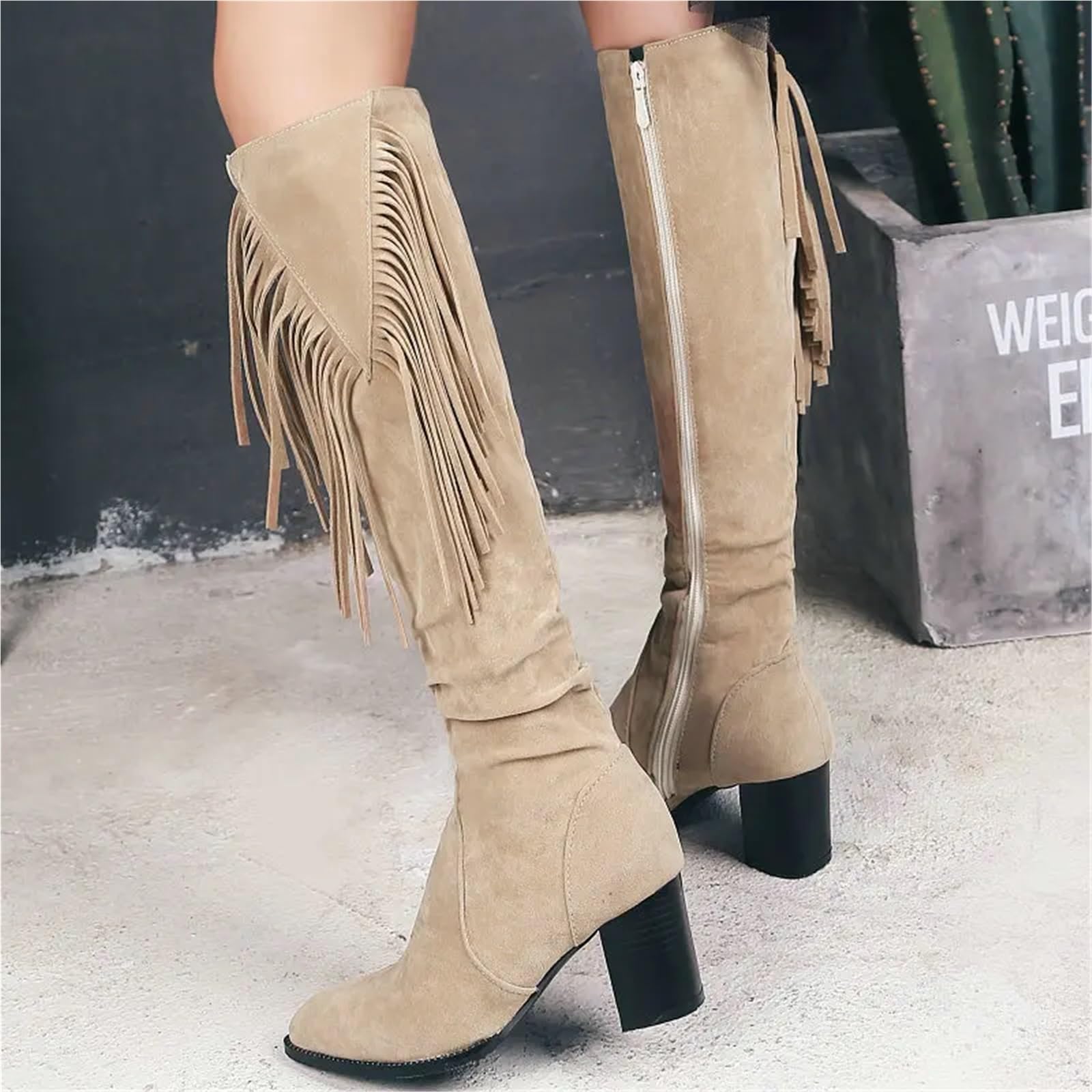 Stivali Texani Donna Scarpe in finta pelle scamosciata verde oliva beige con punta tonda Stivali da cowboy al ginocchio tacco alto donna frange di nappe