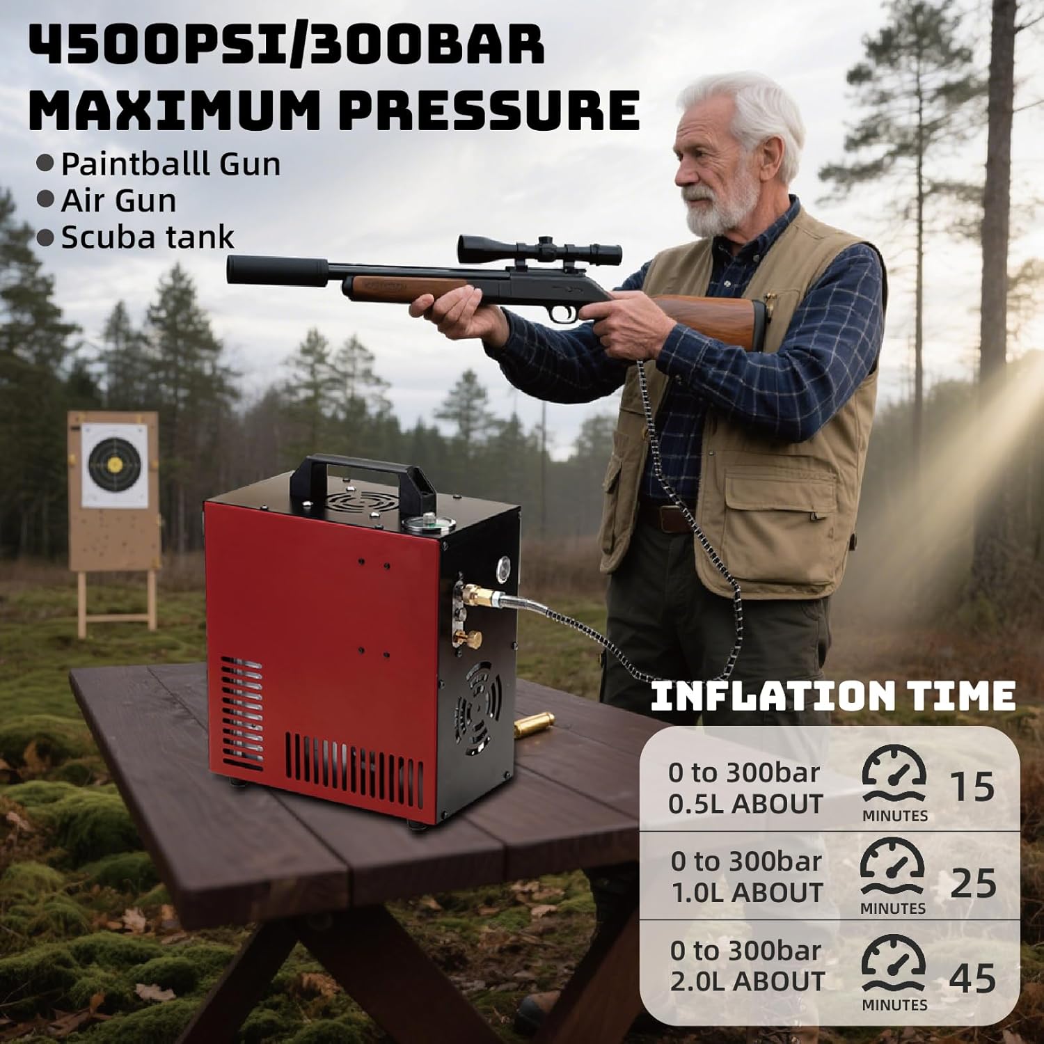 Thunder 4500Psi PCP Air Compressor,Refilling Up to 1.6L,Fast Fill for Airguns or Paintball Tank,Auto Shut Off,Water/Oil Free,Built-in Converter and Cooling Fan,350W Portable Pcp Pump