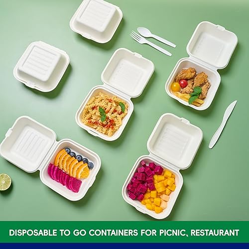 Miniatura 5 de JOLLY CHEF Clamshell - Recipientes de comida para llevar, 6 x 6 pulgadas, paquete de 200 recipientes desechables, cajas de caña de azúcar para