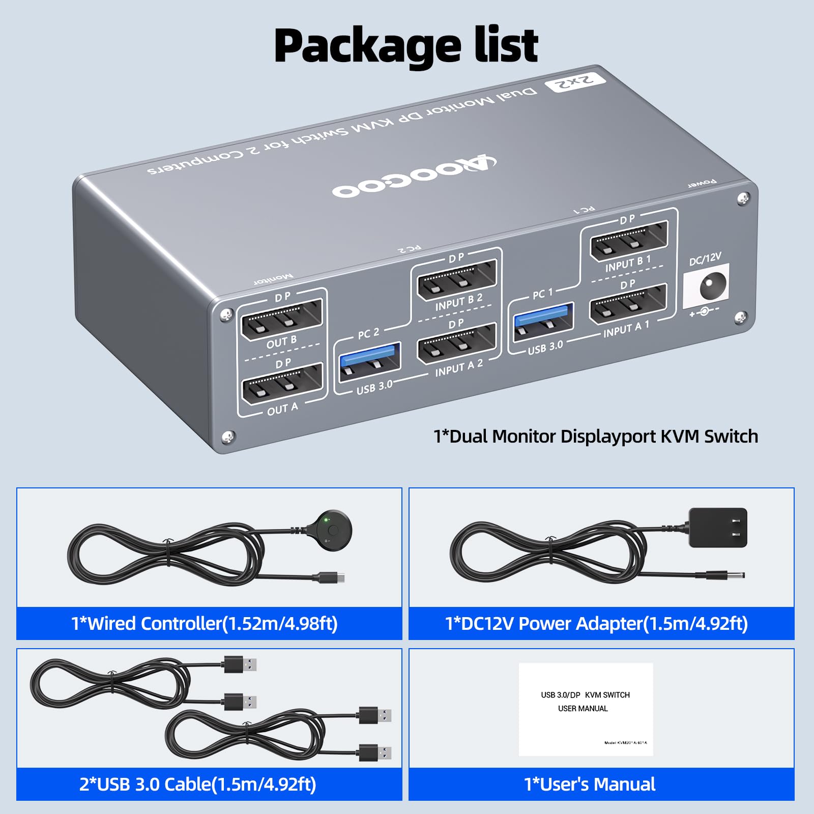 Displayport KVM Switch 2 computer 2 monitor, 8K@60Hz/4K@240Hz Dual Monitor KVM Switch con 4 porte USB 3.0, cavi USB e alimentatore, ideale per home office e gaming