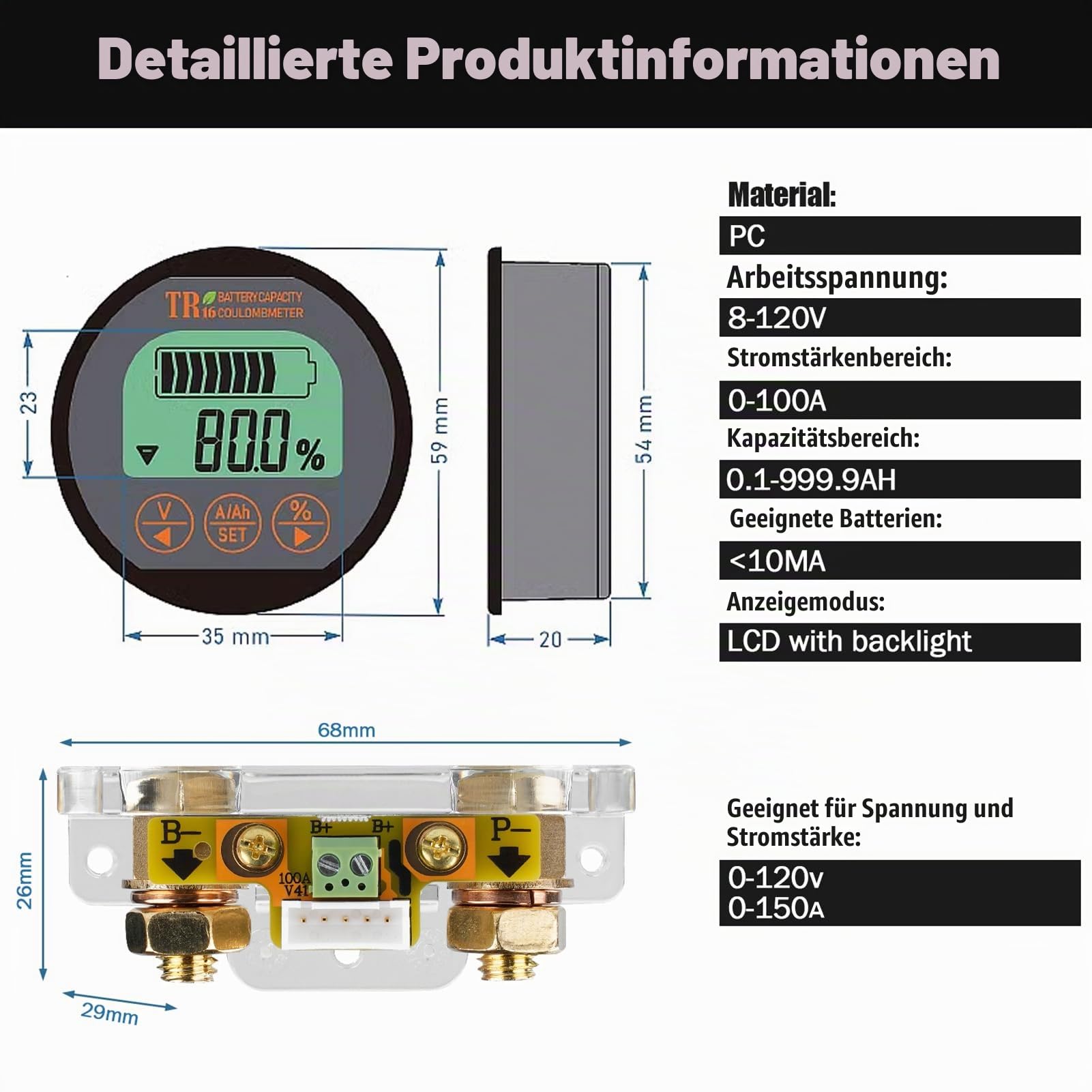 100A Batteriewächter 12V 24V 36V 48V 72V Batteriemonitor 8-120V Spannungsamperemeter LCD Digitales Prüfgerät mit 2m Kabel für Autos Motorboote Wohnmobile Wohnwagen Caravans usw.