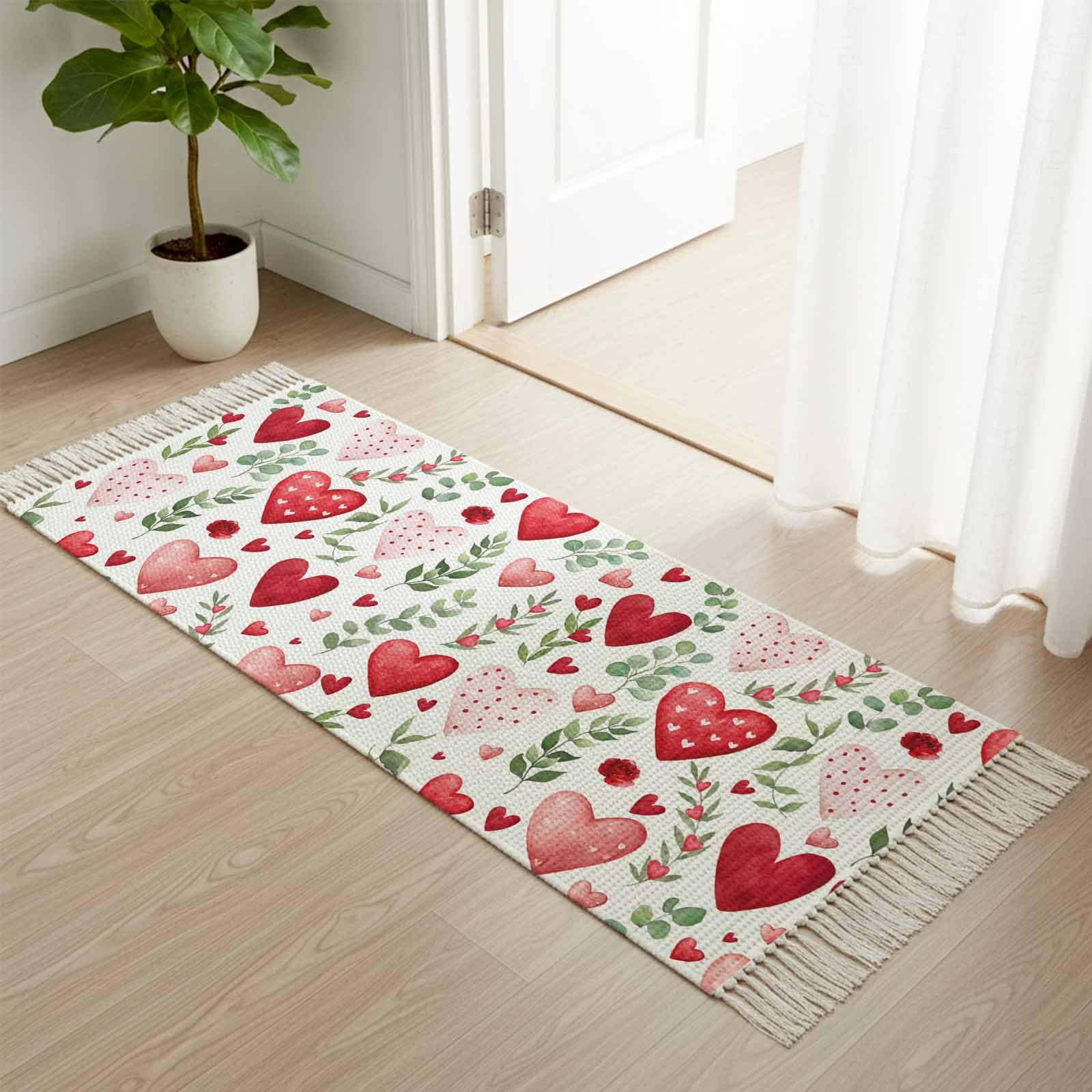 Area Rug with Tassels 2' x 5',Watercolor Red Pink Heart Shape Kitchen Runner Rug for Hallway Bedroom Throw Rugs,Valentine's Day Rose Leaf Soft Door Mat for Bathroom Entrance Living Room