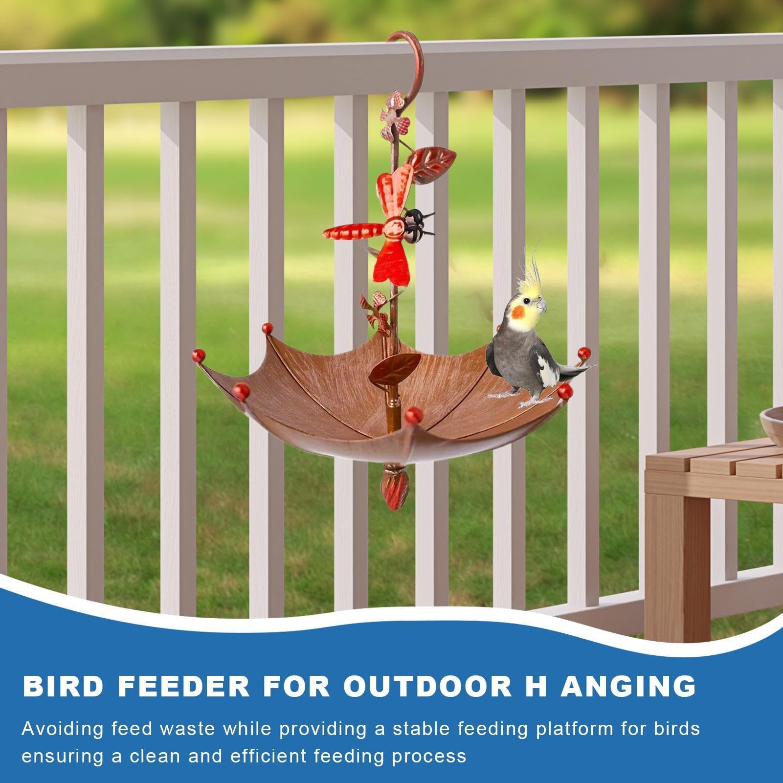 Comedero para pájaros con Forma de Paraguas, Ideal para Mariposas, libélulas y Abejas. Incluye Bebedero y Bebedero Colgante para pájaros. Soporte para jardín Exterior.