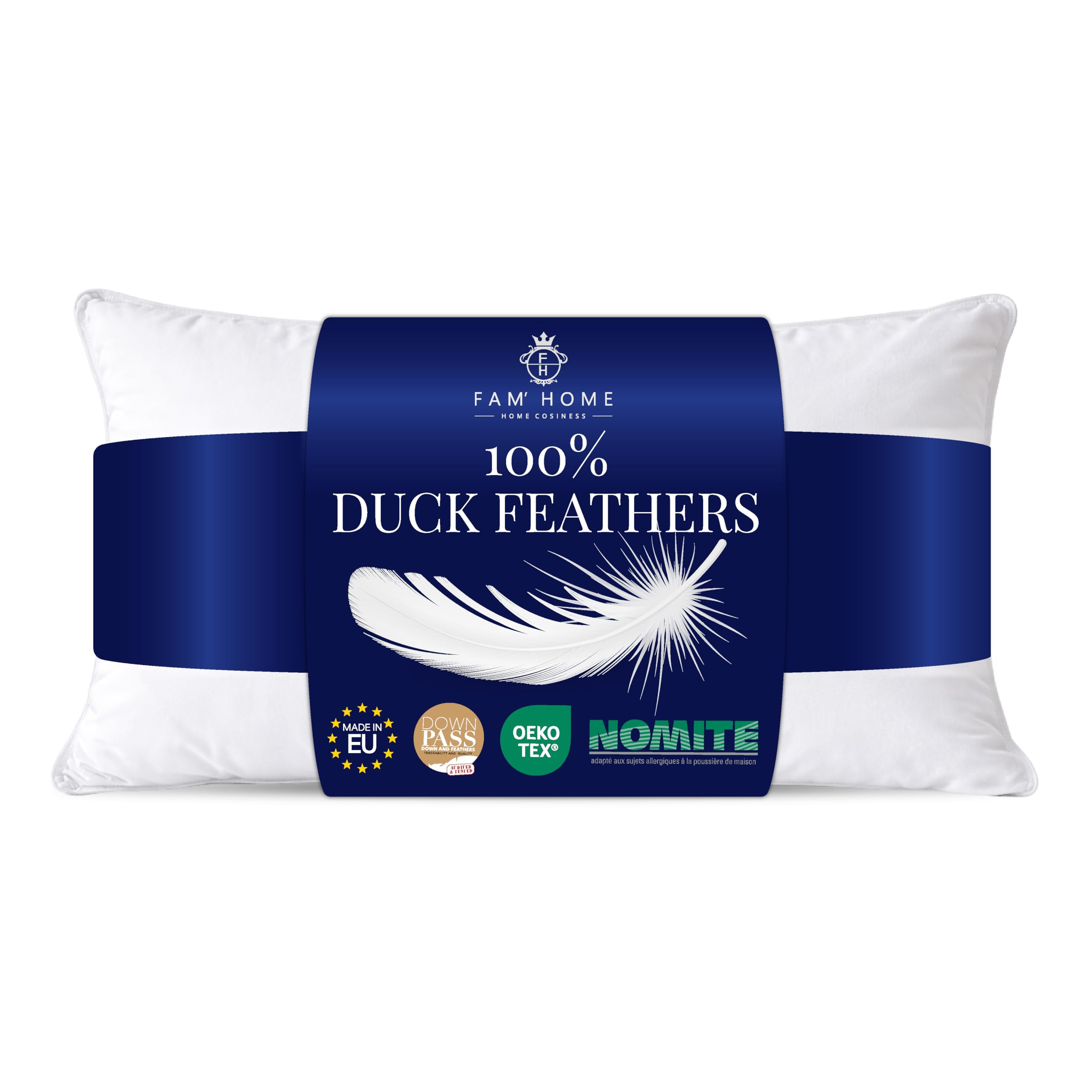FAM' Home Federkopfkissen 50x70 cm – Federkissen mit 100% Entenfedern | NATÜRLICHER KOMFORT: 100% Entenfedern für Stützkraft, atmungsaktiver Bezug, bei 30°C waschbar & Öko-Tex zertifiziert.