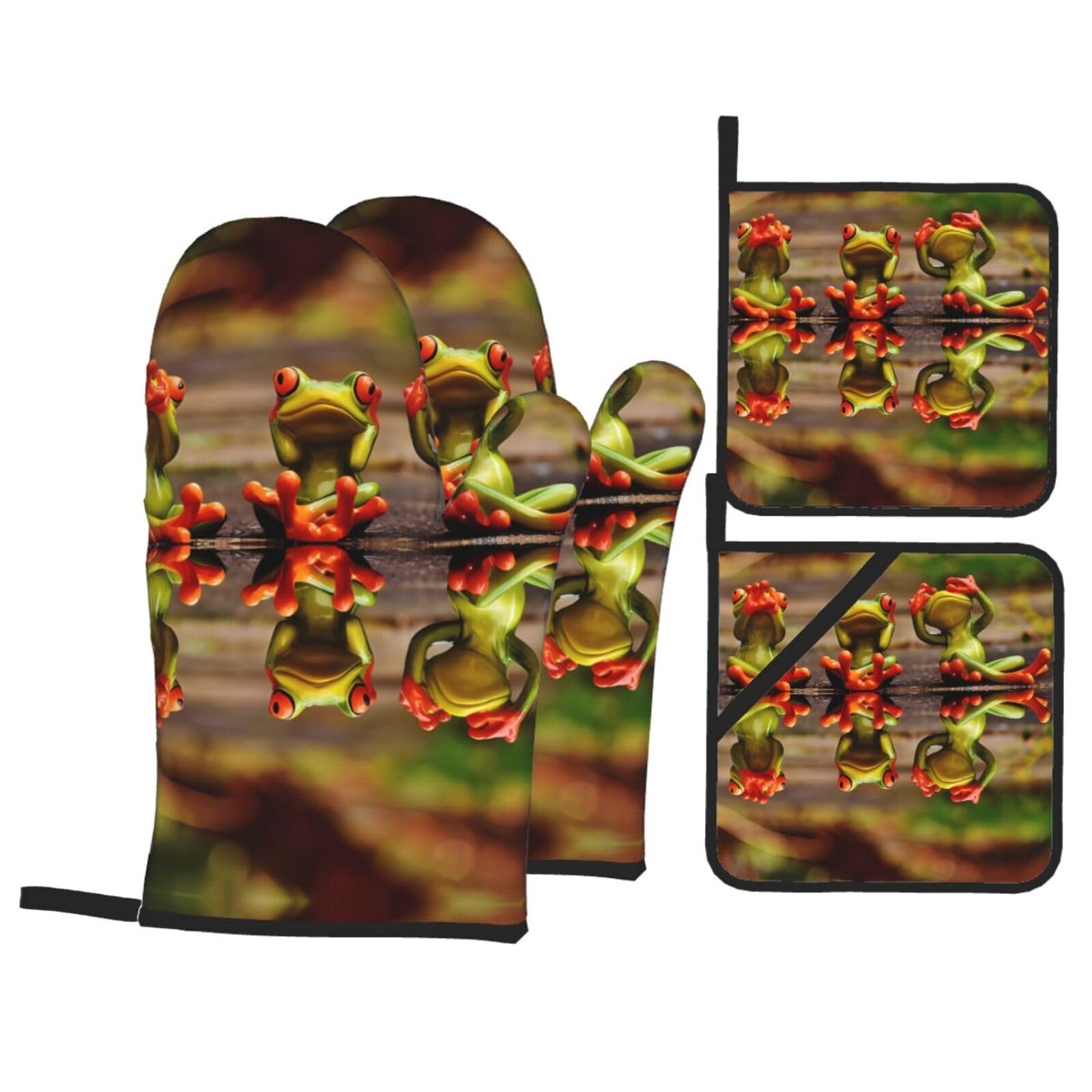 HJFCZH Funny Green Frogs Prints Kitchen Throw Set: Durable Oven Layers with Waterproof Polyester – 4 Piece Heat Protection System