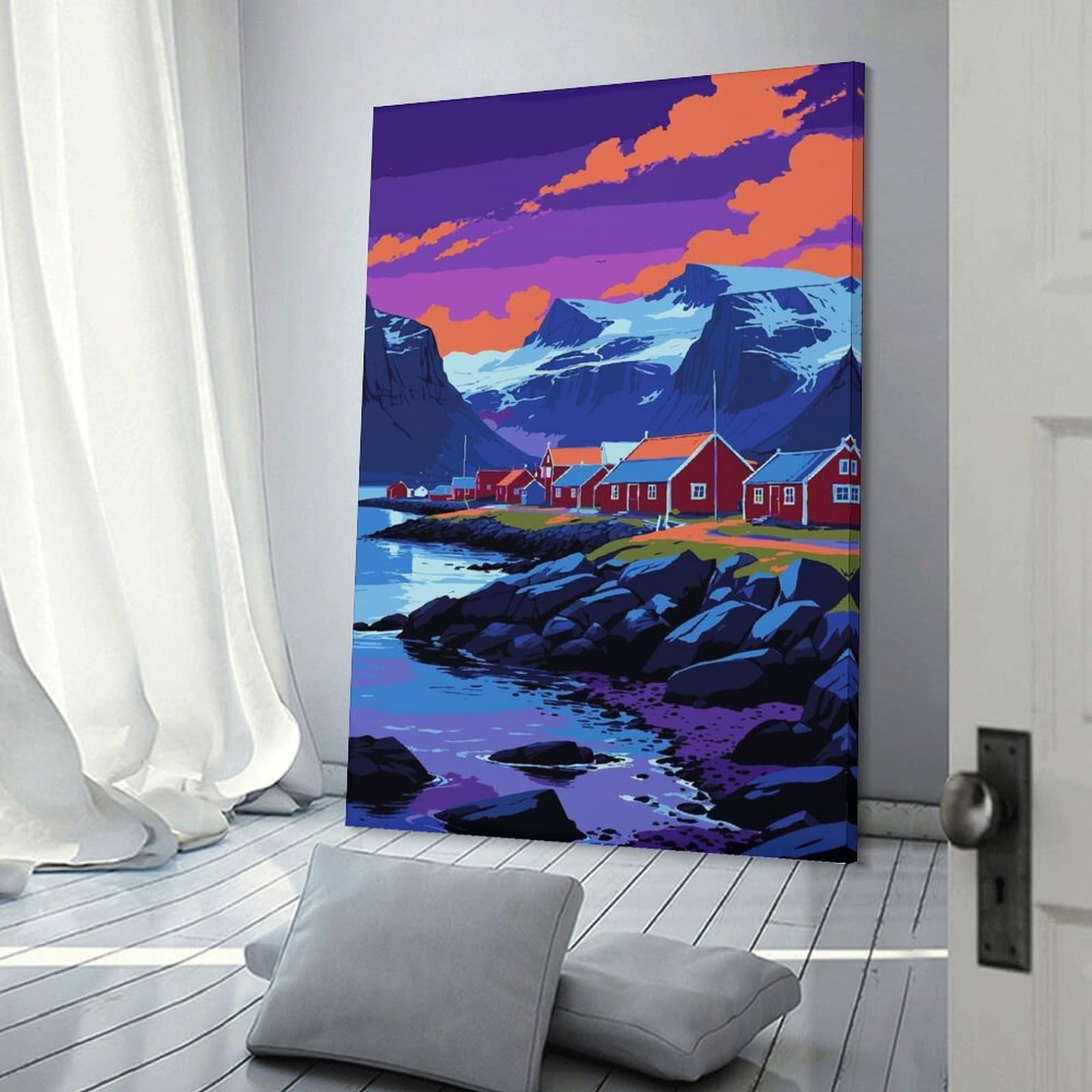 Junmoney Coastal Village Landscape with Mountains Home Decor Wall Art, 16x24inch(40x60cm), for Living Room, Bedroom Or Home Office, Home Decor Gift with Stylish Appeal