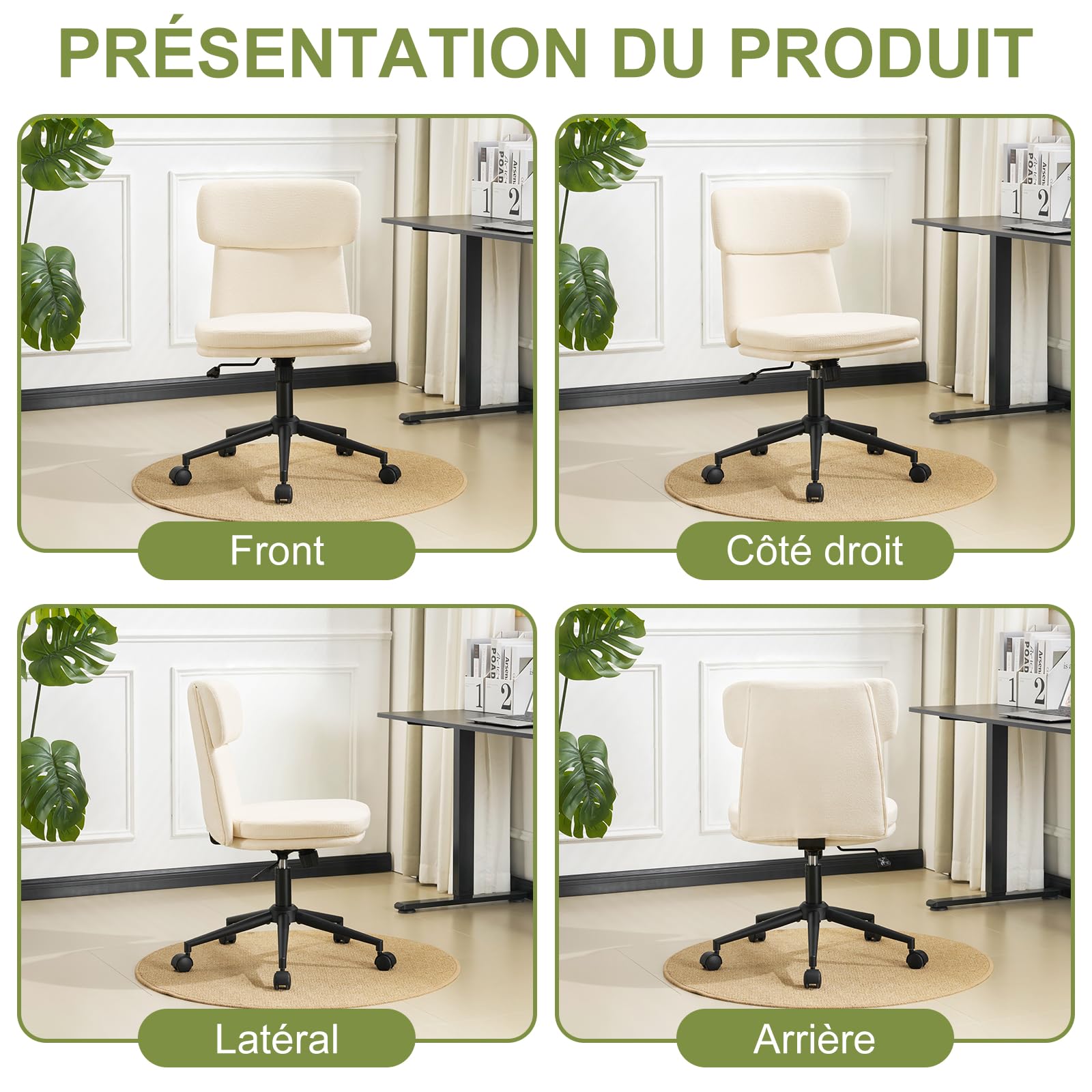 Chaise de Bureau en Chenille Fauteuil de Bureau Chaise de Coiffeuse, Fauteuil Bureau Réglable en Hauteur avec Dossier Inclinable Pivotante à 360°, Ergonomique pour la Chambre (Blanc-1)