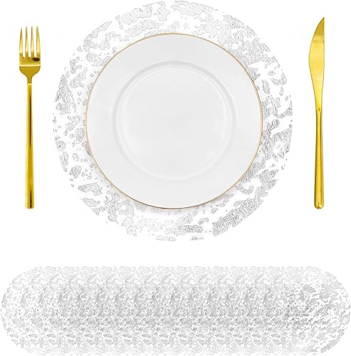 Miniatura 8 de 30 manteles individuales desechables dorados de 13 pulgadas de malla metálica con purpurina, manteles individuales redondos de malla metálica dorada